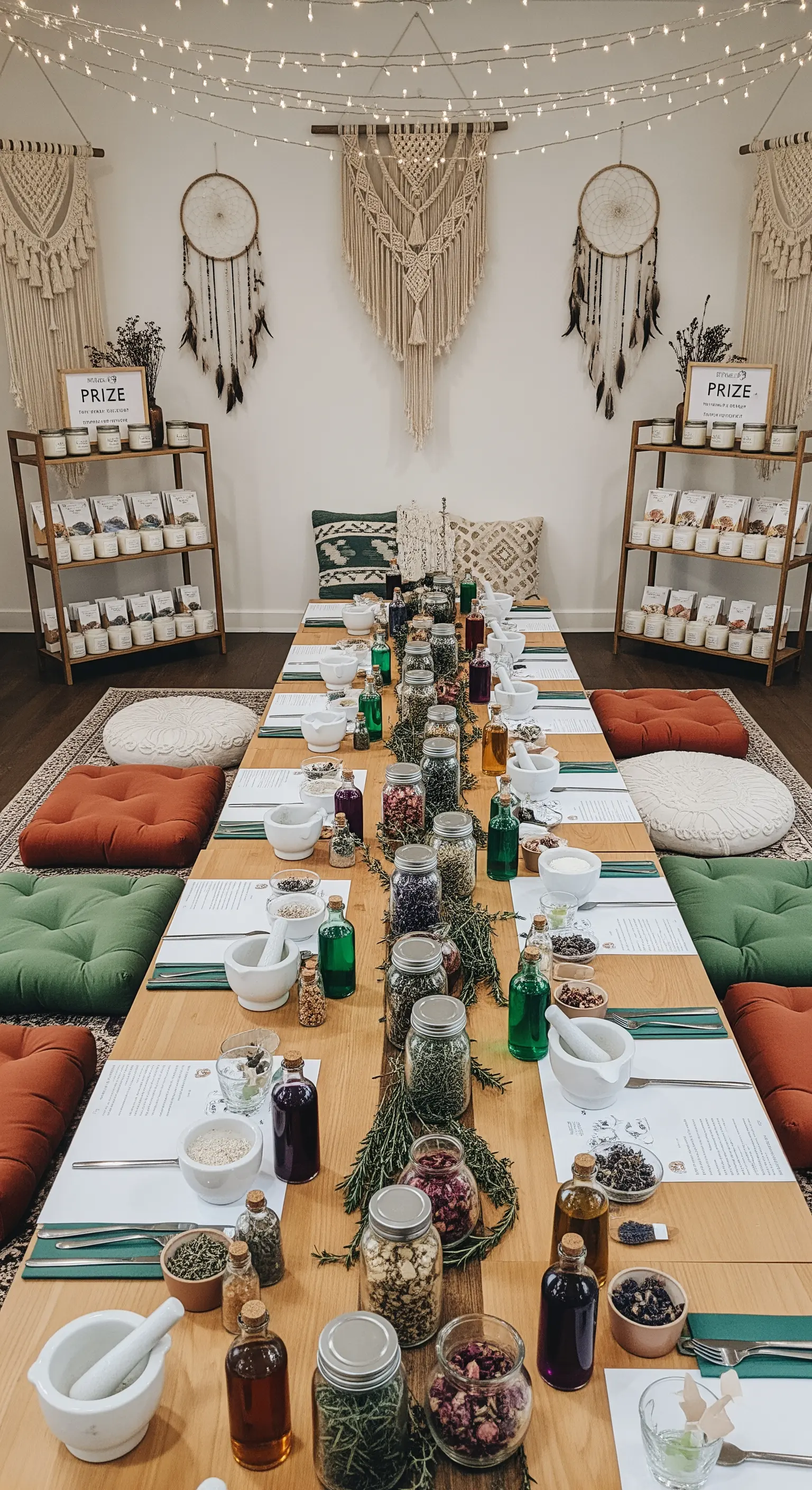 Un tavolo basso allestito con erbe, fiori e mortai per un workshop di creazione di pozioni.