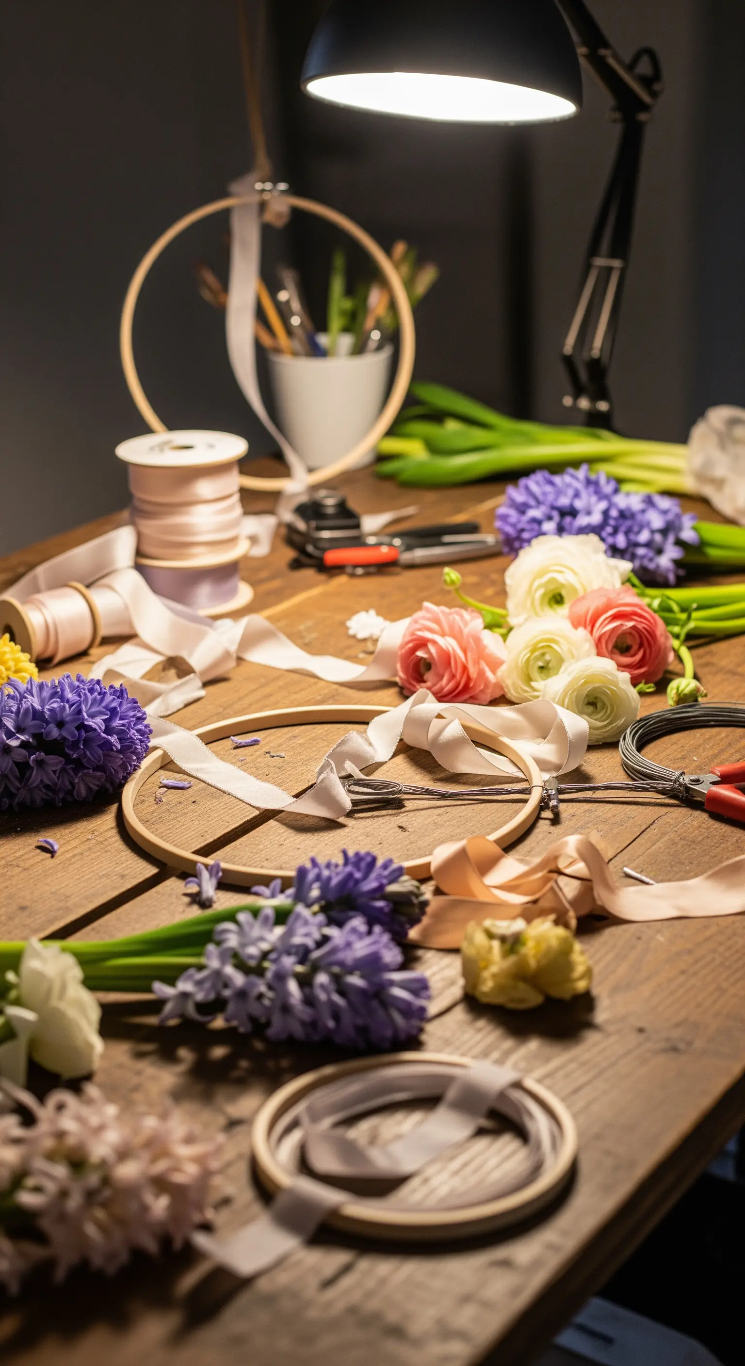 Tavolo da lavoro con fiori freschi, nastri e telai per creare ghirlande primaverili.