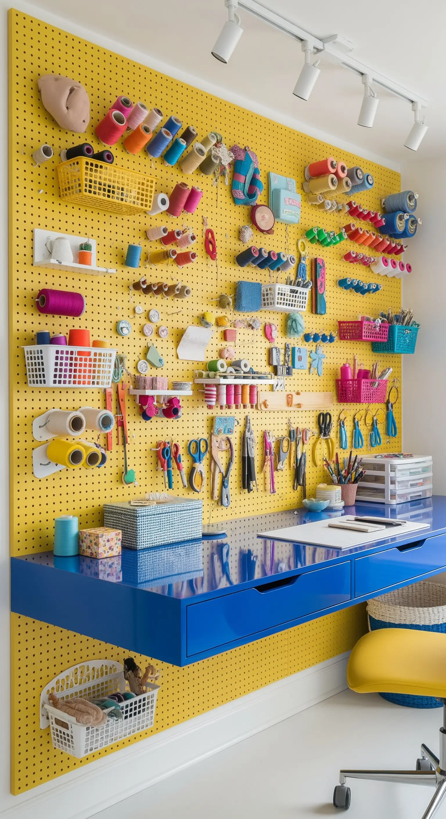 Parete forata gialla attrezzata per il crafting, con una scrivania sospesa blu lucido.