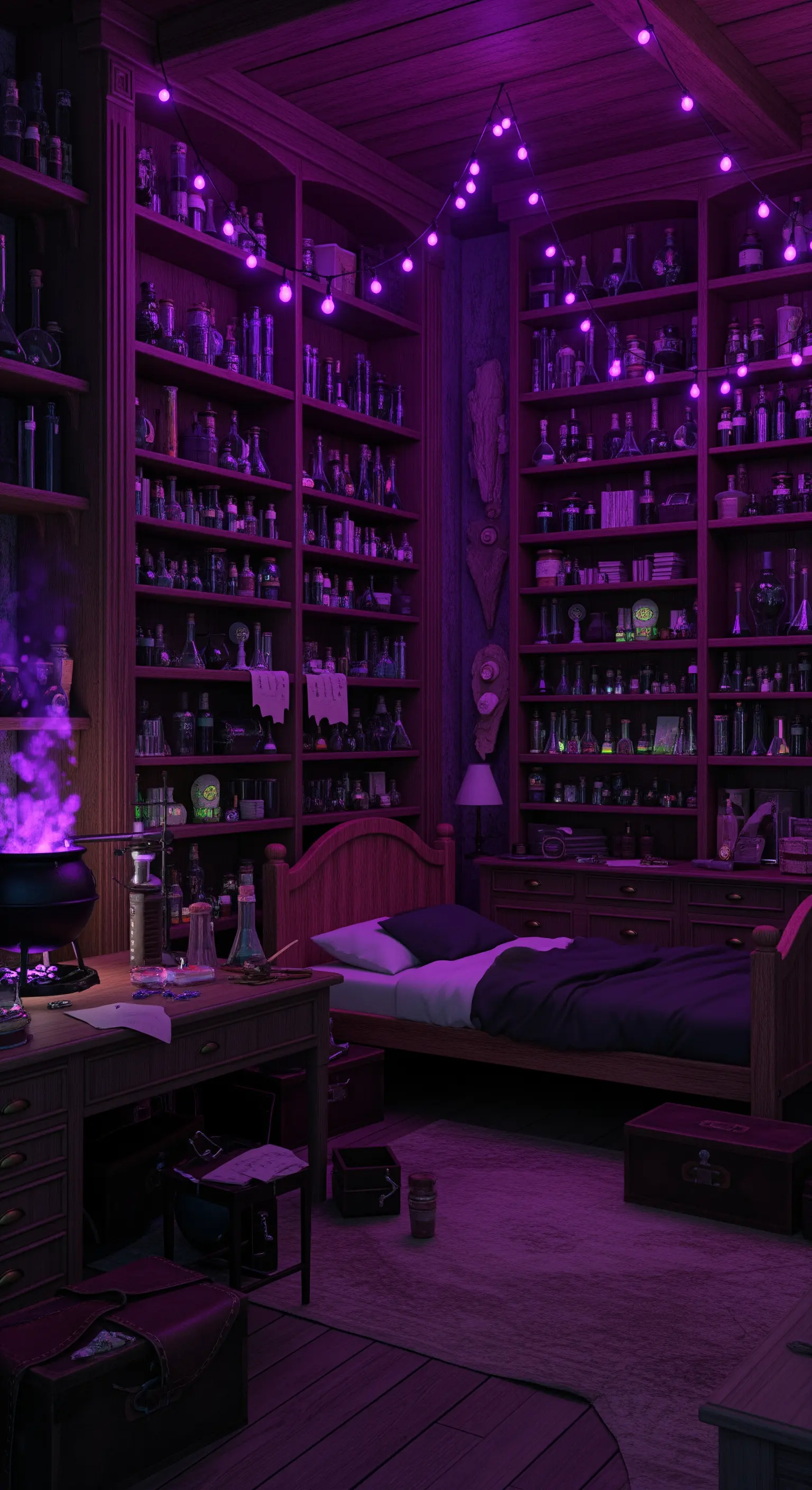 Camera da letto stile laboratorio d'alchimista con scaffali di pozioni e luci viola.
