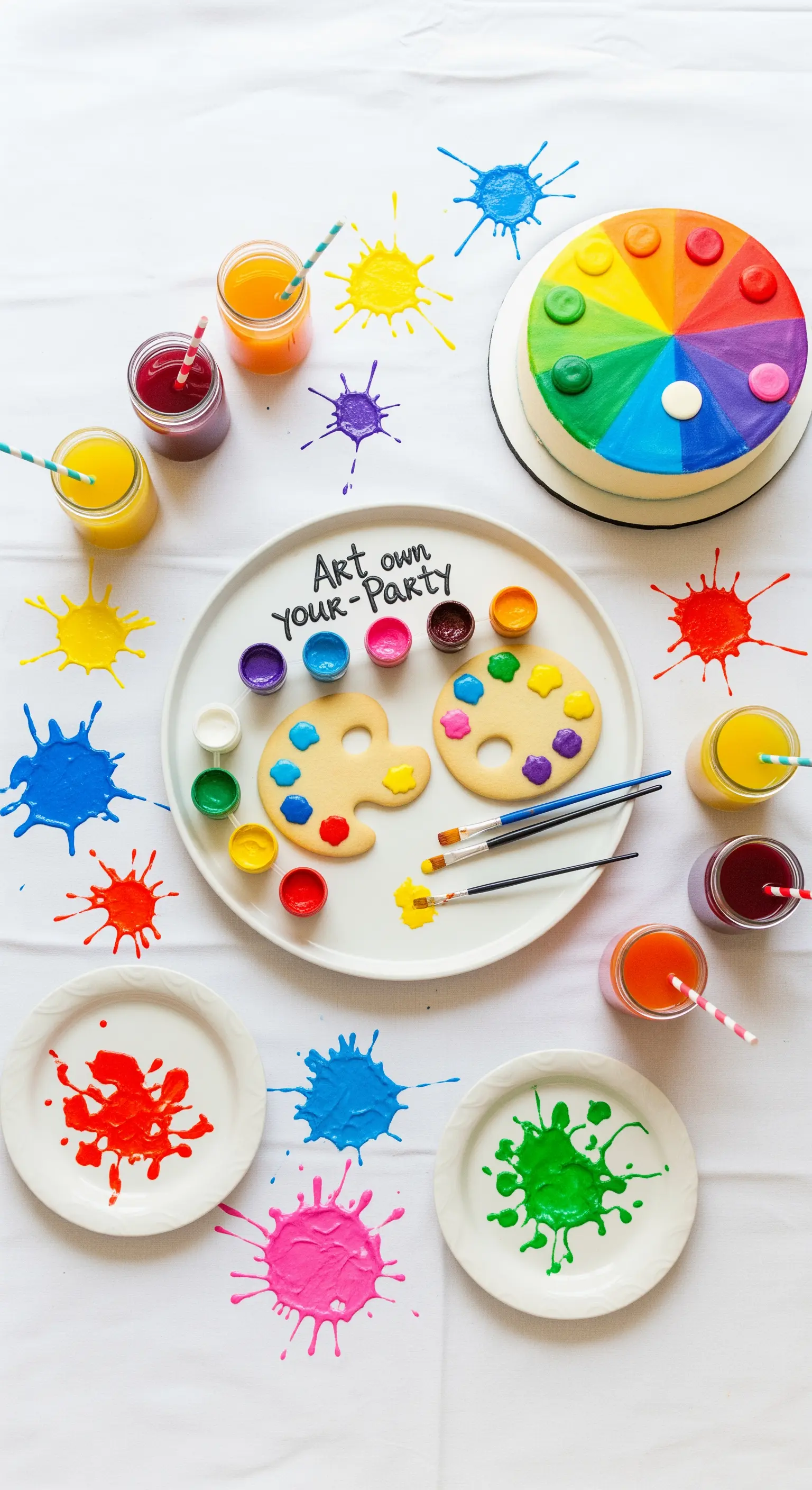 Tavola a tema artistico con torta arcobaleno, biscotti a forma di tavolozza e macchie di colore.