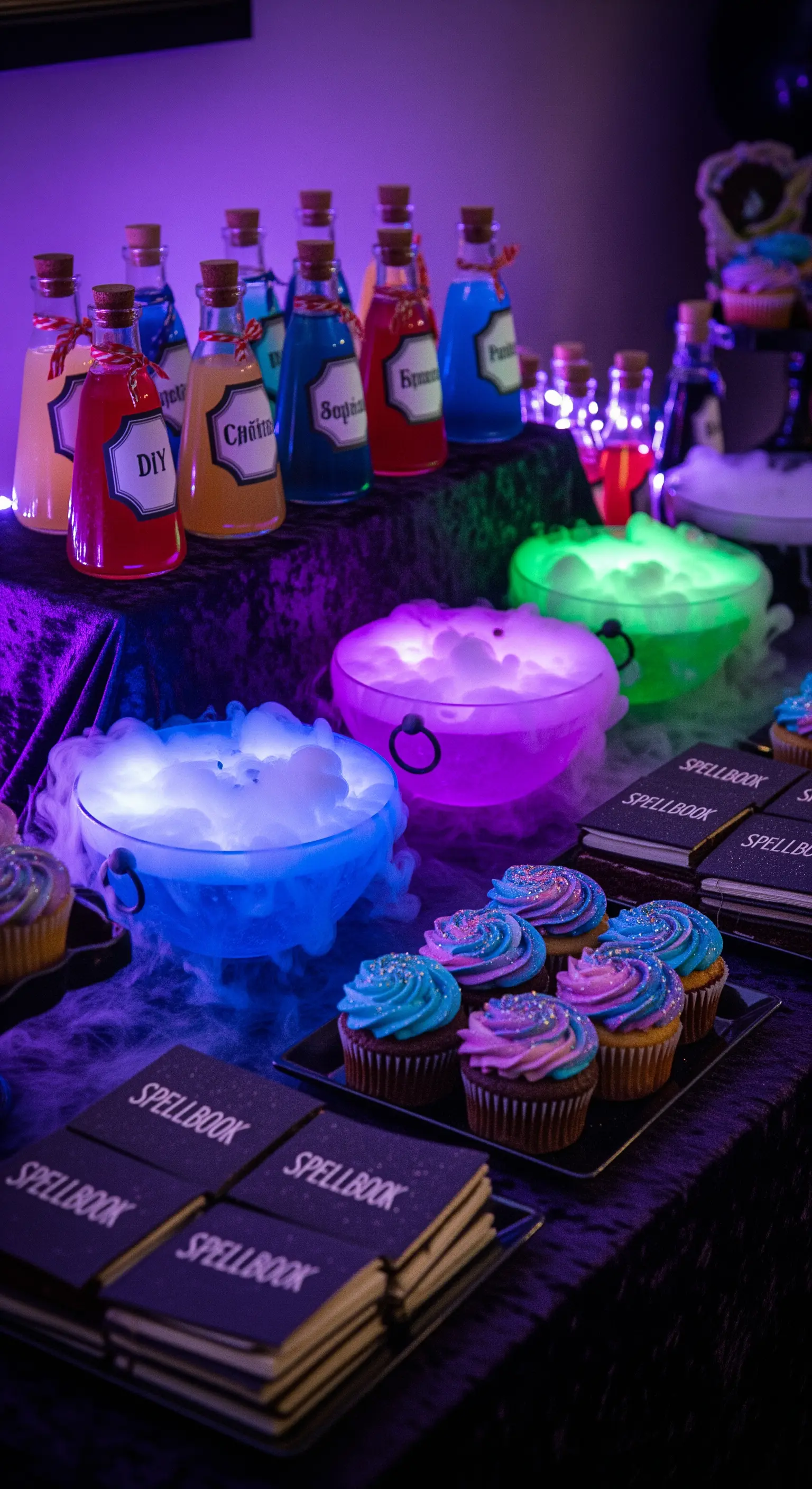 Tavolo con pozioni colorate fumanti, cupcake e biscotti a tema magia, illuminato da luce viola.
