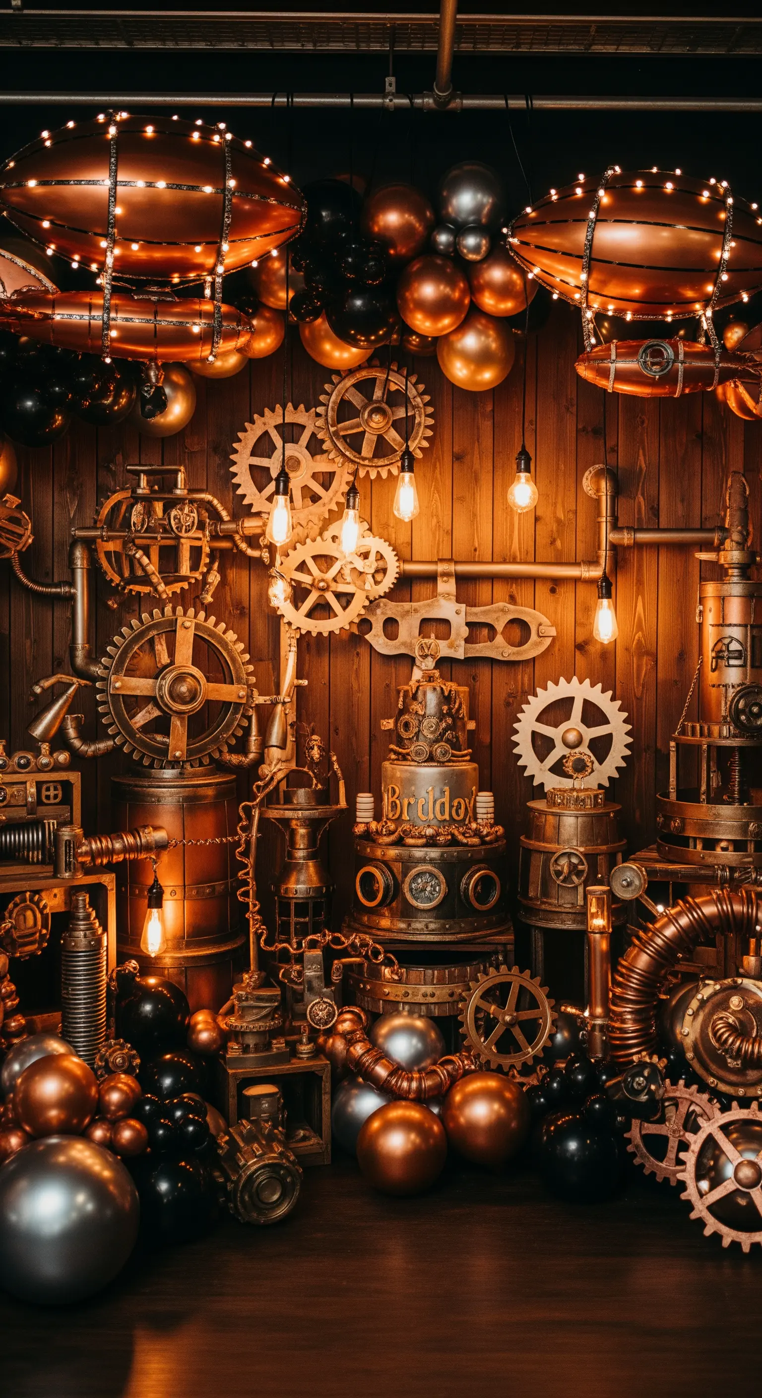Allestimento a tema Steampunk con palloncini color rame, ingranaggi e luci calde.