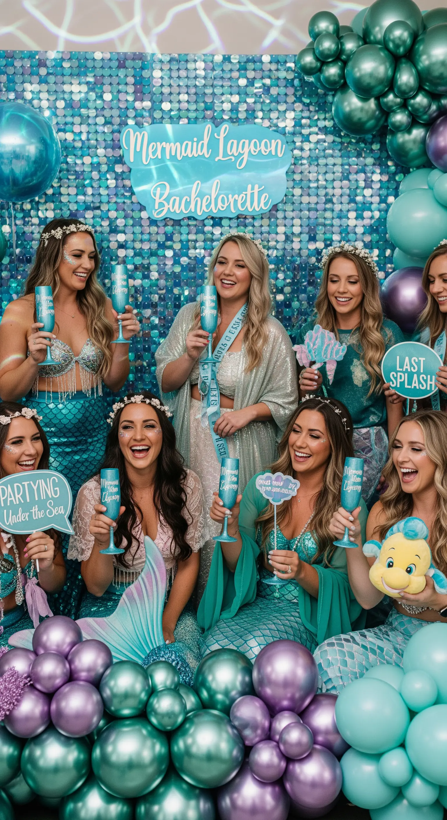 Addio al nubilato a tema sirena con backdrop di paillettes turchesi e palloncini metallici.
