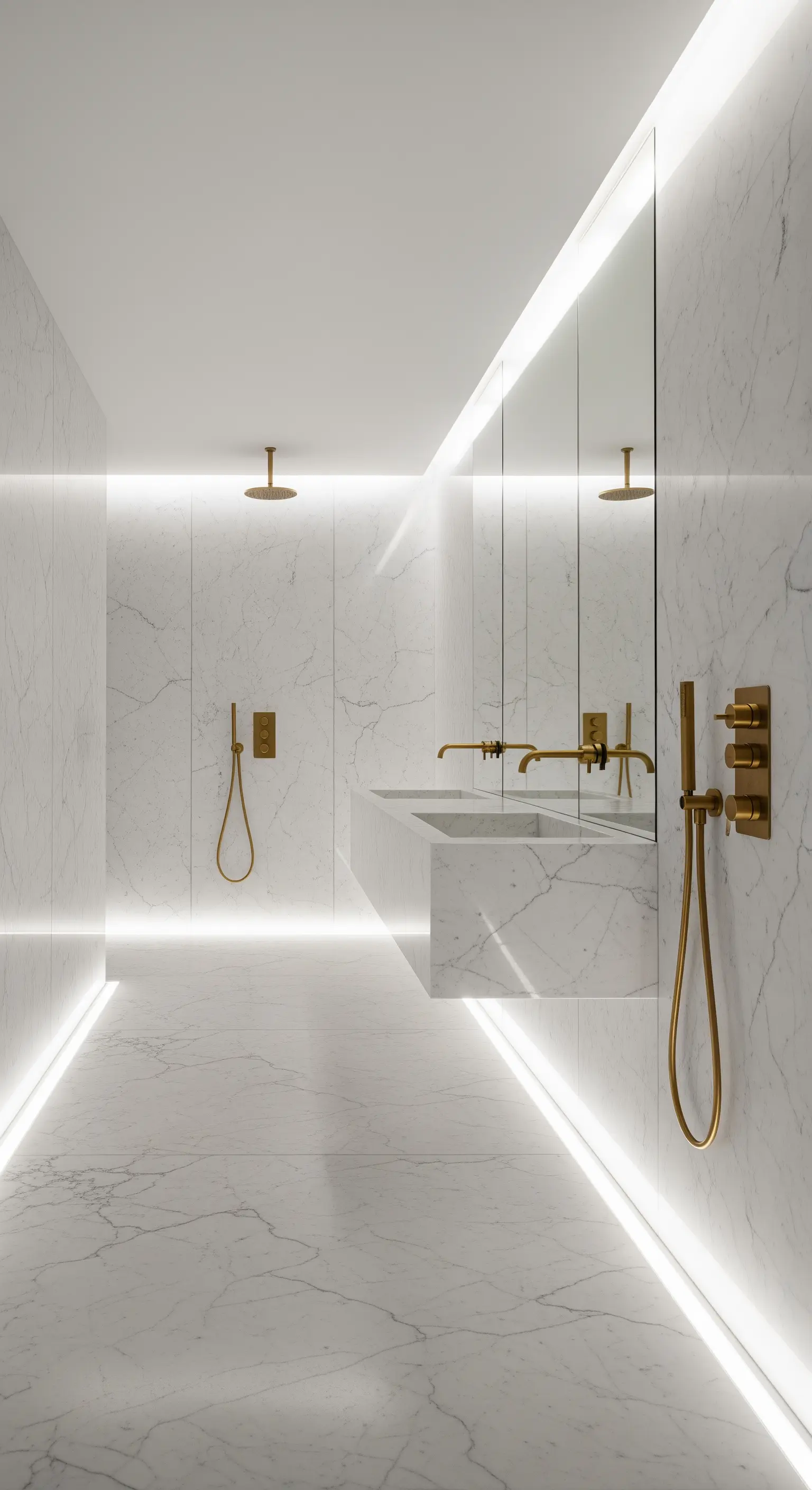 Bagno minimalista in marmo con illuminazione a LED integrata nel pavimento e nel soffitto.