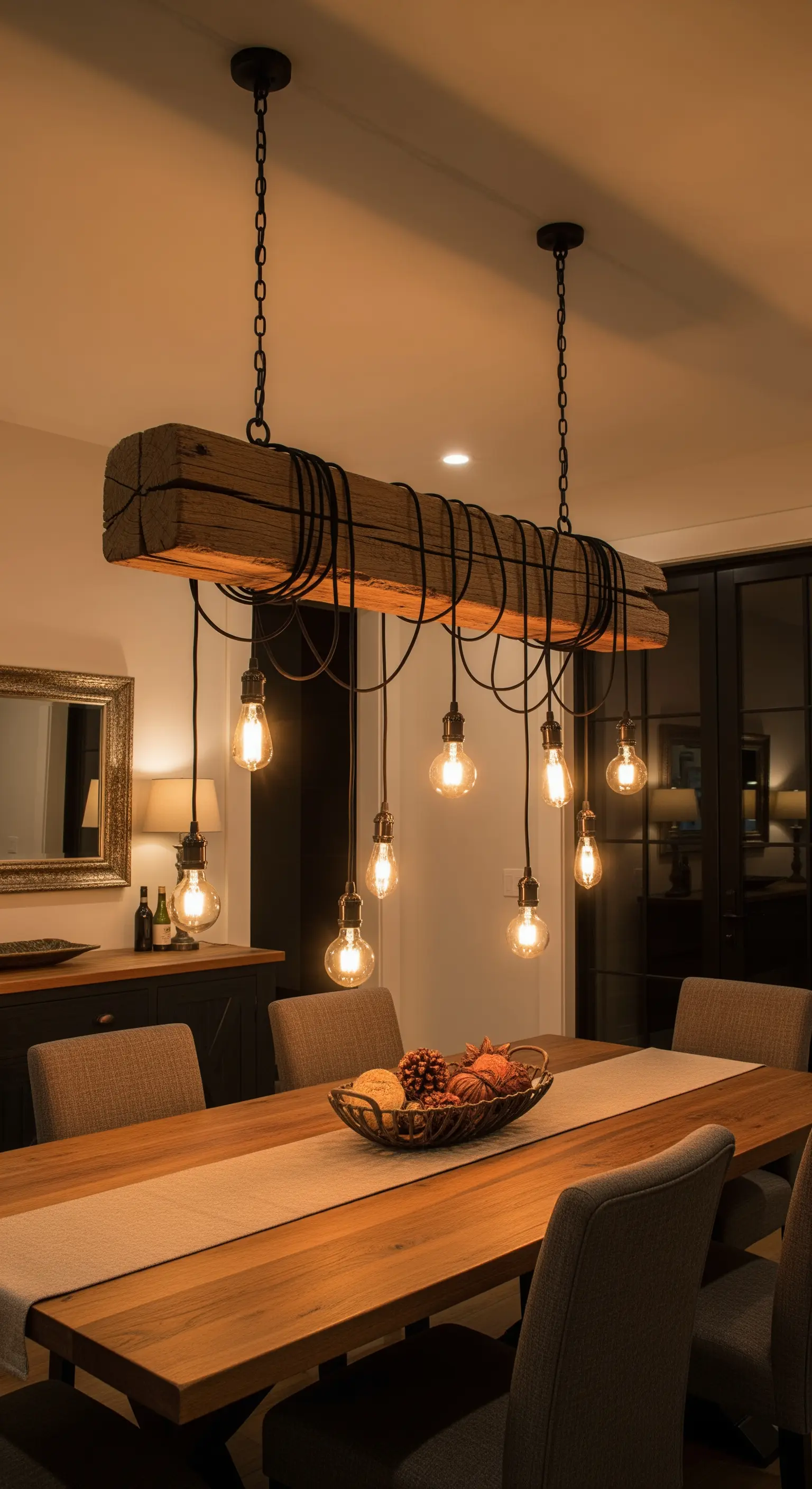 Lampadario fai-da-te sopra un tavolo da pranzo, con cavi neri avvolti attorno a una trave di legno.