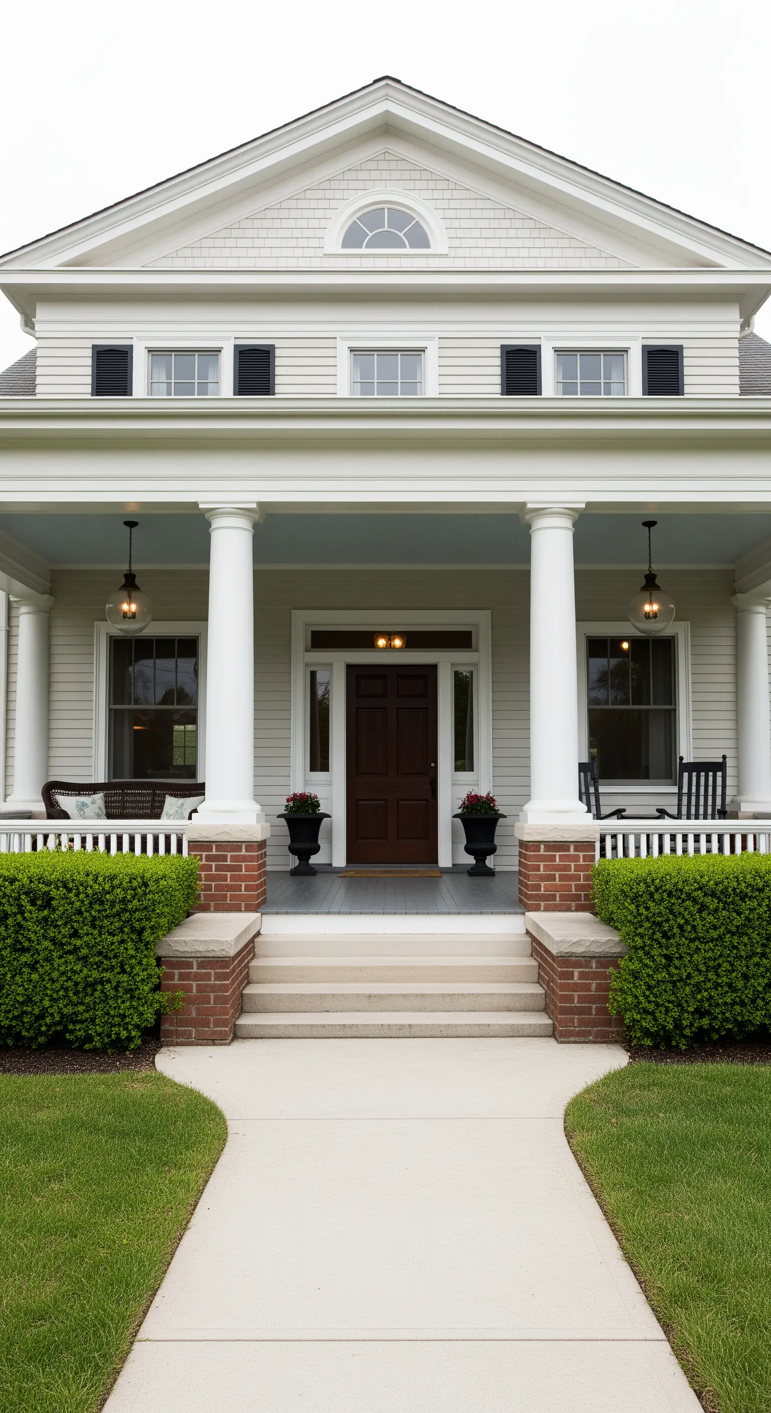Portico di una casa in stile farmhouse con colonne bianche e due lampade a sospensione nere.