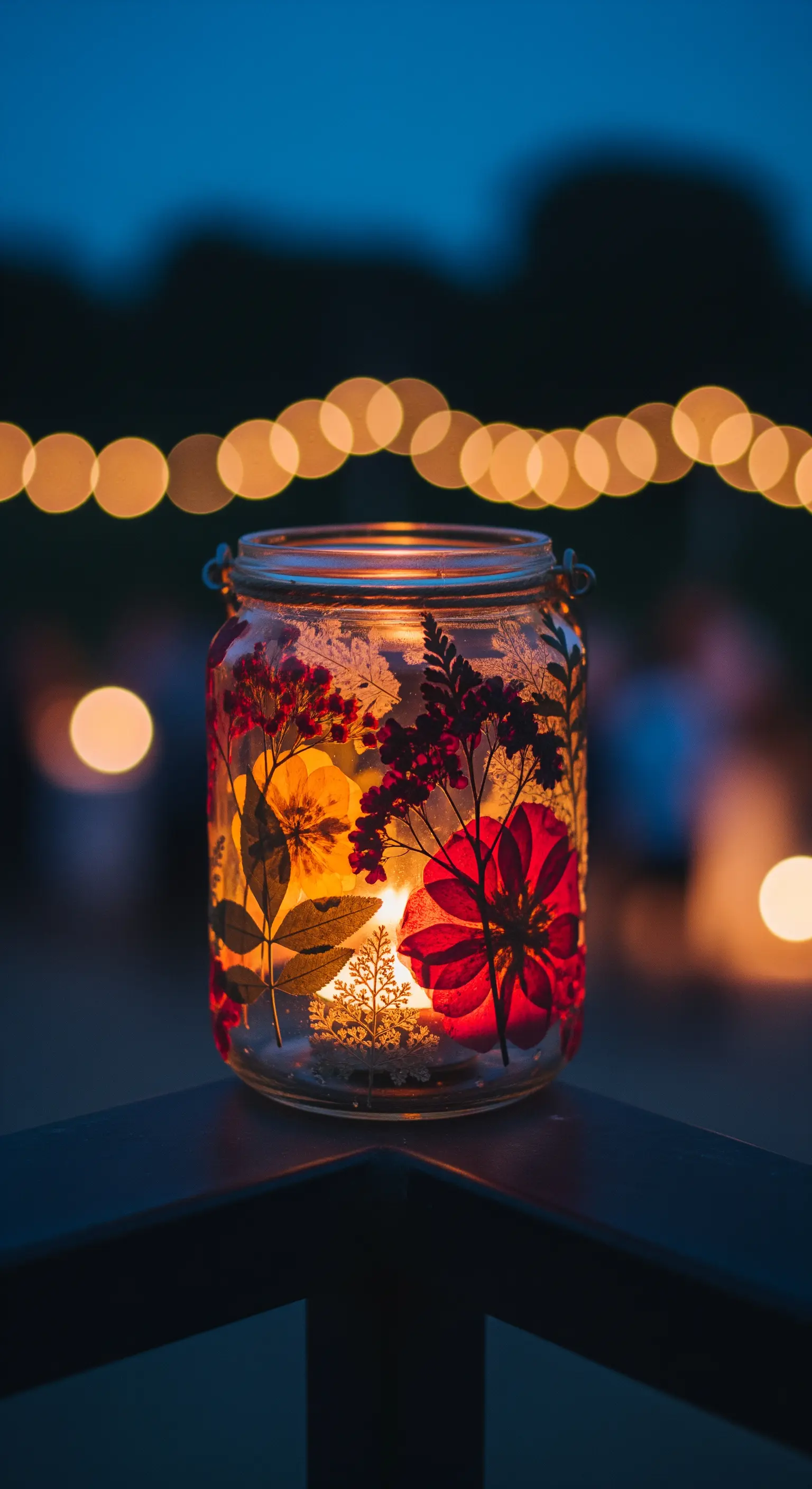 Lanterna in vetro decorata con fiori secchi pressati e una candela accesa