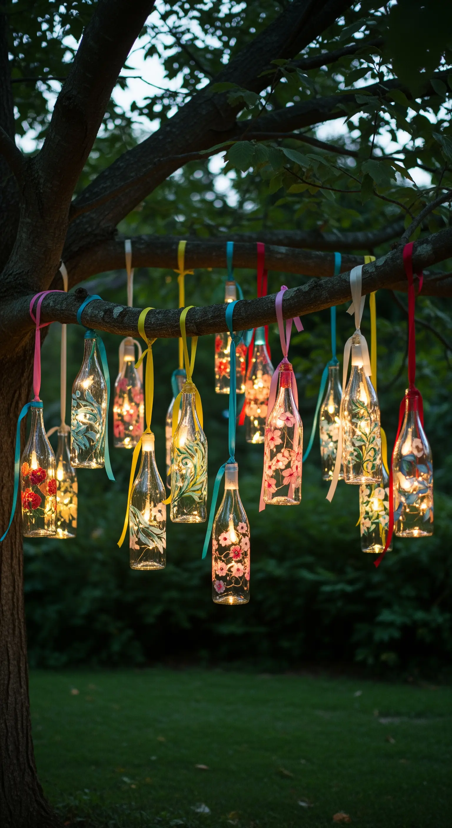 Bottiglie di vetro dipinte con motivi floreali e illuminate da lucine, appese a un albero.
