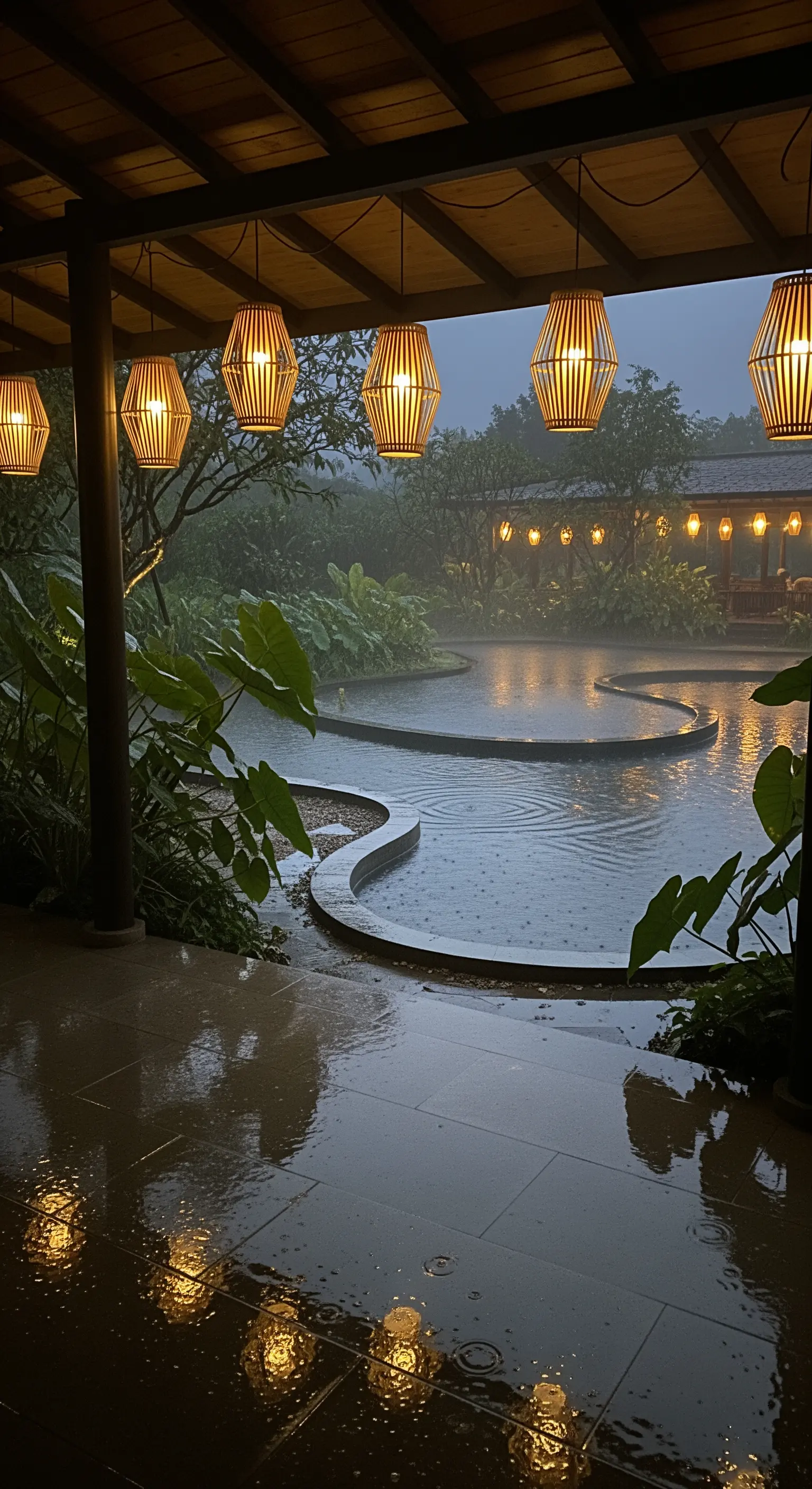 Portico con lanterne di bambù appese che si affaccia su un laghetto sotto la pioggia.