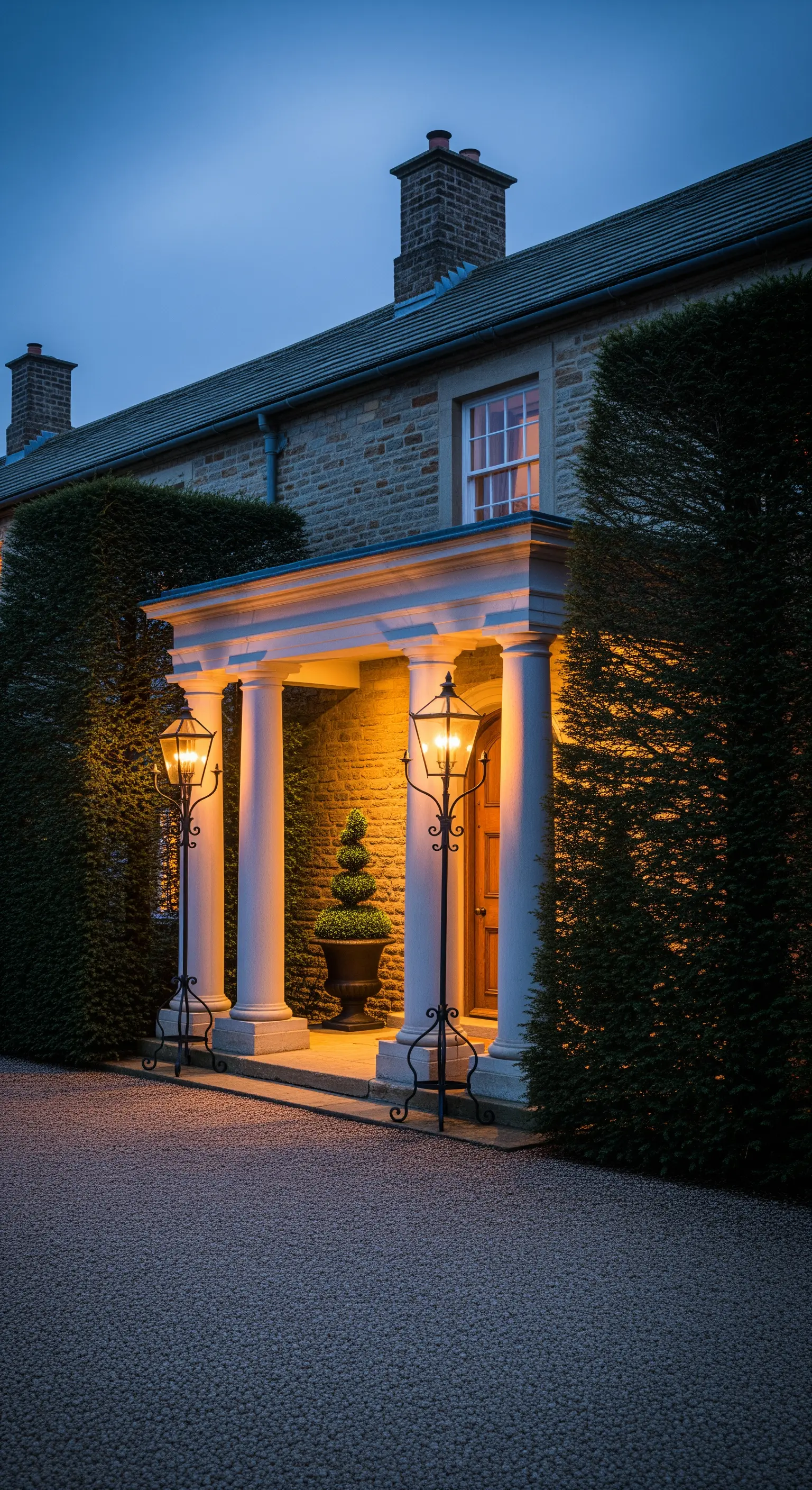 Ingresso di una casa in pietra illuminato da due grandi lanterne freestanding in ferro battuto.