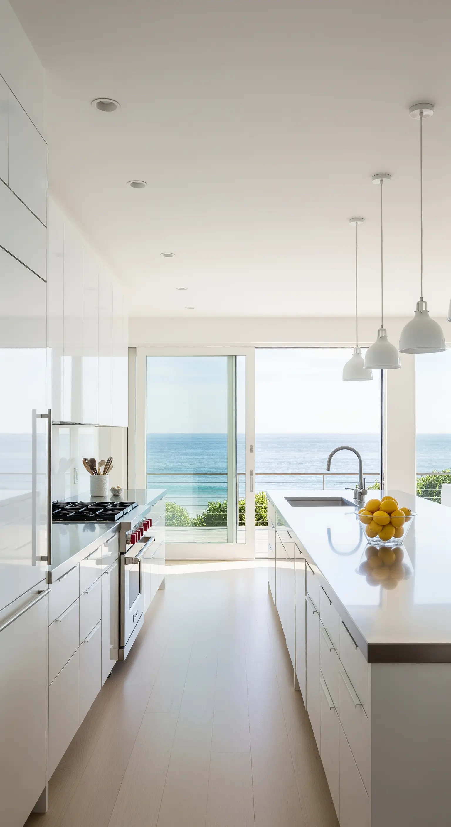 Cucina bianca minimalista con isola e grande vetrata affacciata sul mare.