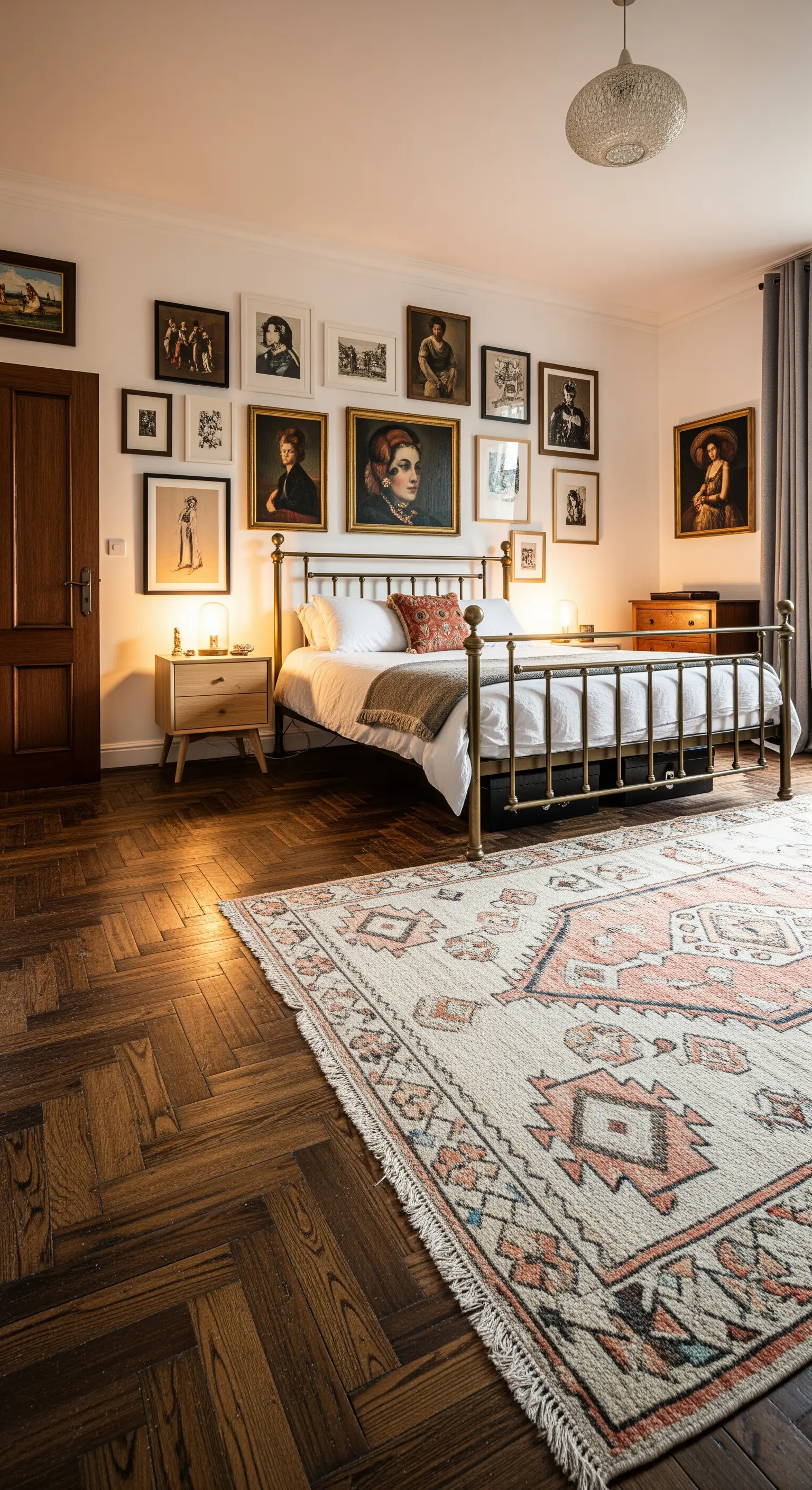 Camera eclettica con parete di quadri e tappeto kilim colorato su parquet a spina di pesce