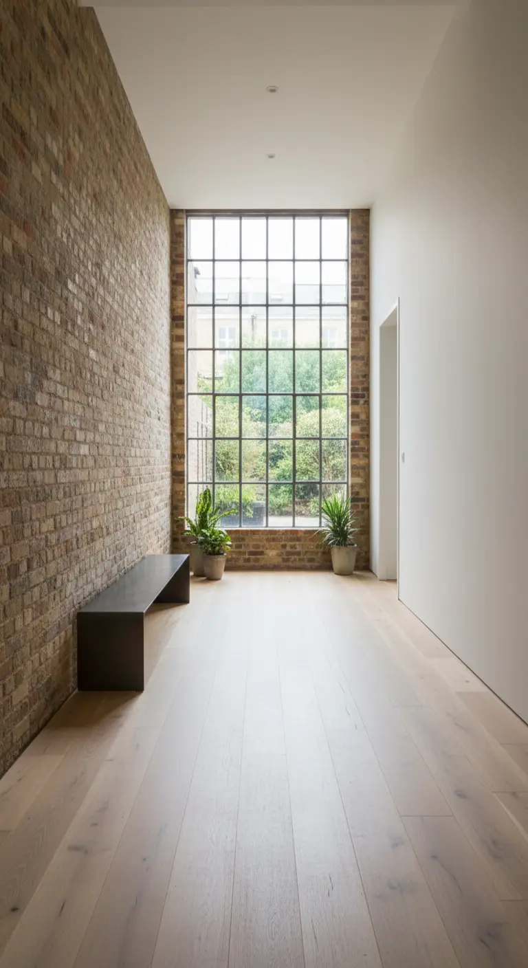 Ingresso minimalista con grande vetrata, parete in mattoni e panca scura.