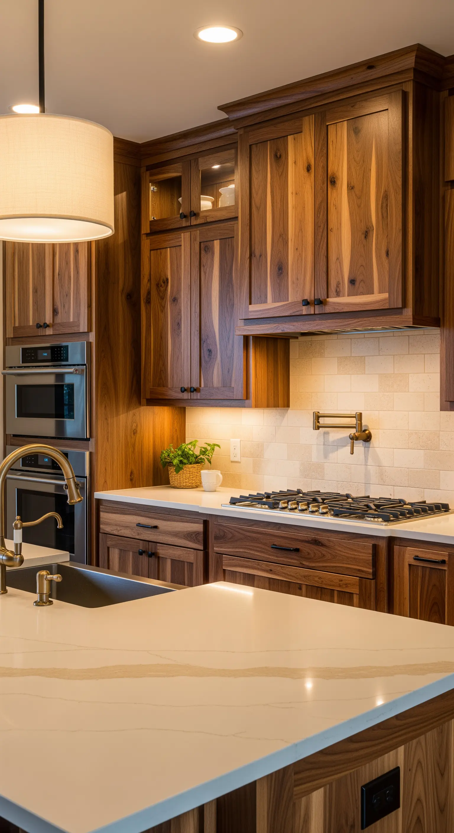 Cucina con mobili in legno di noce dalle venature marcate e illuminazione sottopensile.