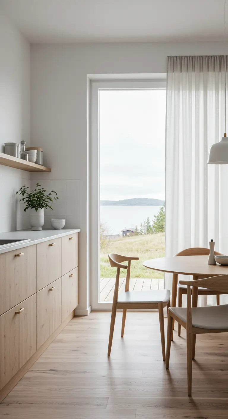 Cucina in legno chiaro con una grande finestra che si affaccia su un lago e una collina.