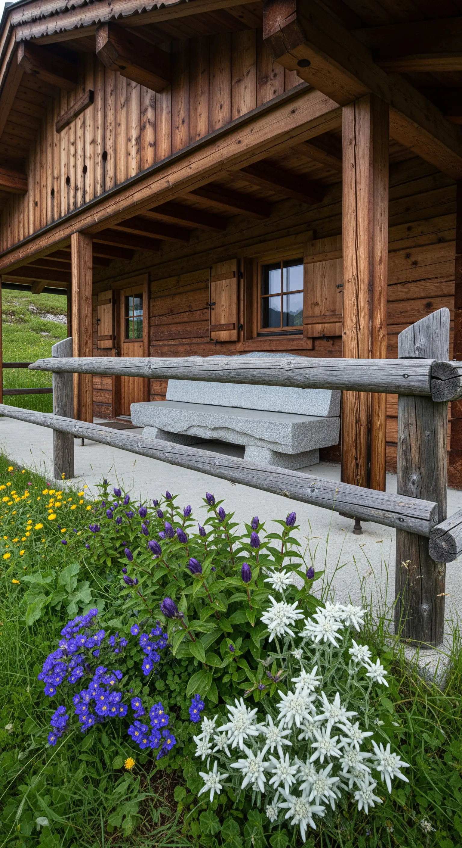 Baita alpina con panca in granito, recinzione in legno e un prato di fiori selvatici.