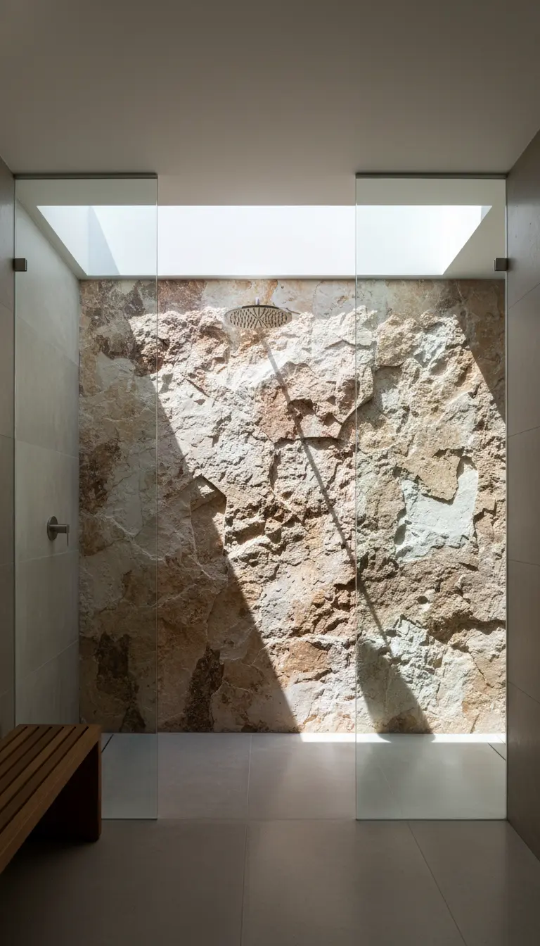 Doccia walk-in con una imponente parete di roccia naturale a vista, illuminata da un lucernario.