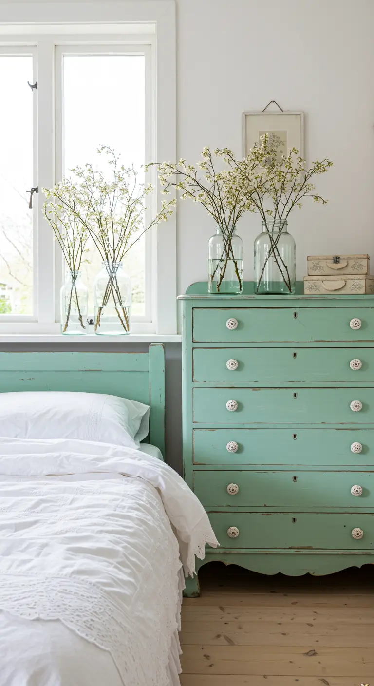 Cassettiera vintage color verde menta accanto a un letto con lenzuola bianche ricamate.