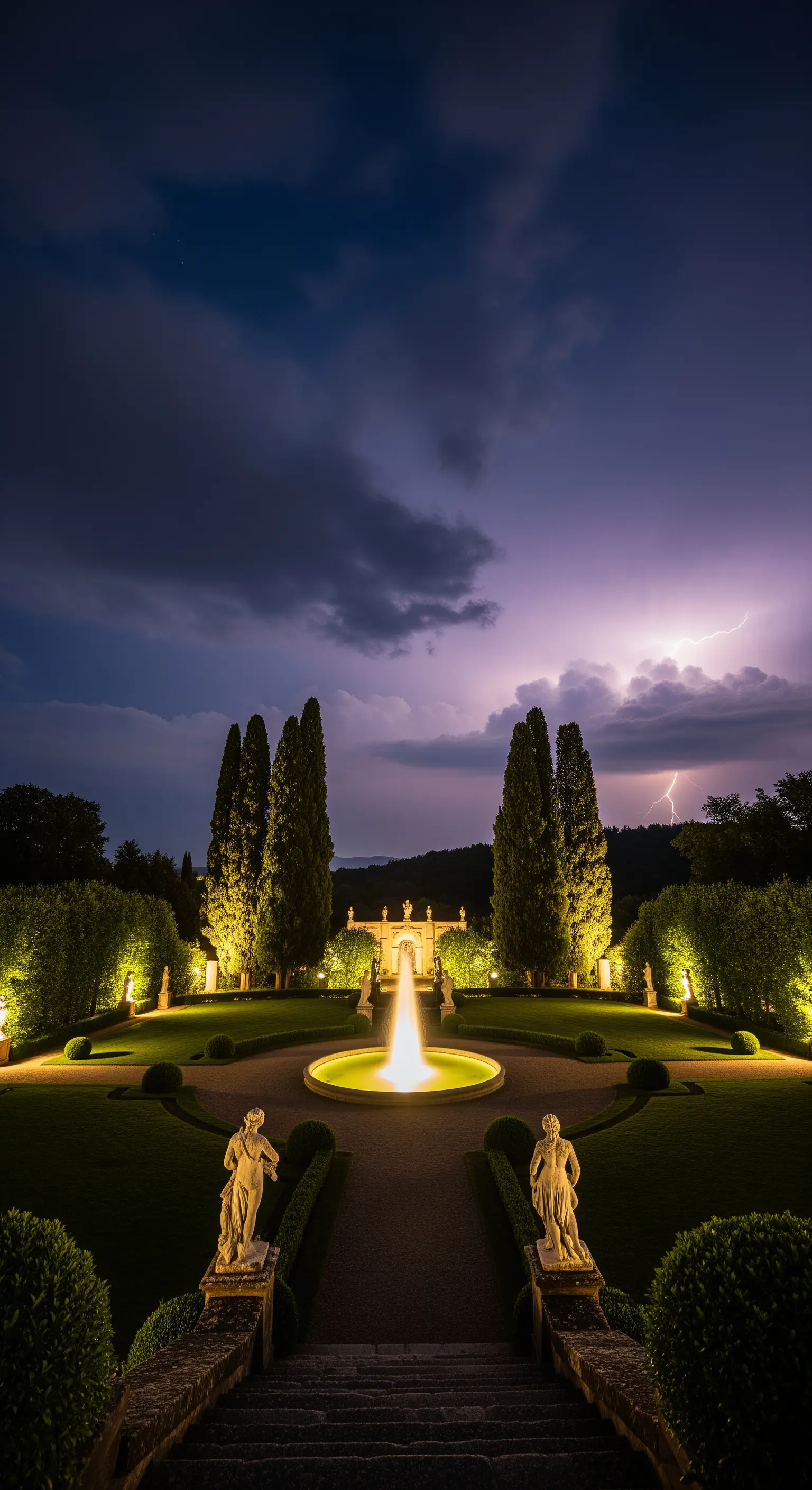 Giardino classico con fontana e cipressi, illuminato sotto un cielo notturno tempestoso con fulmini.