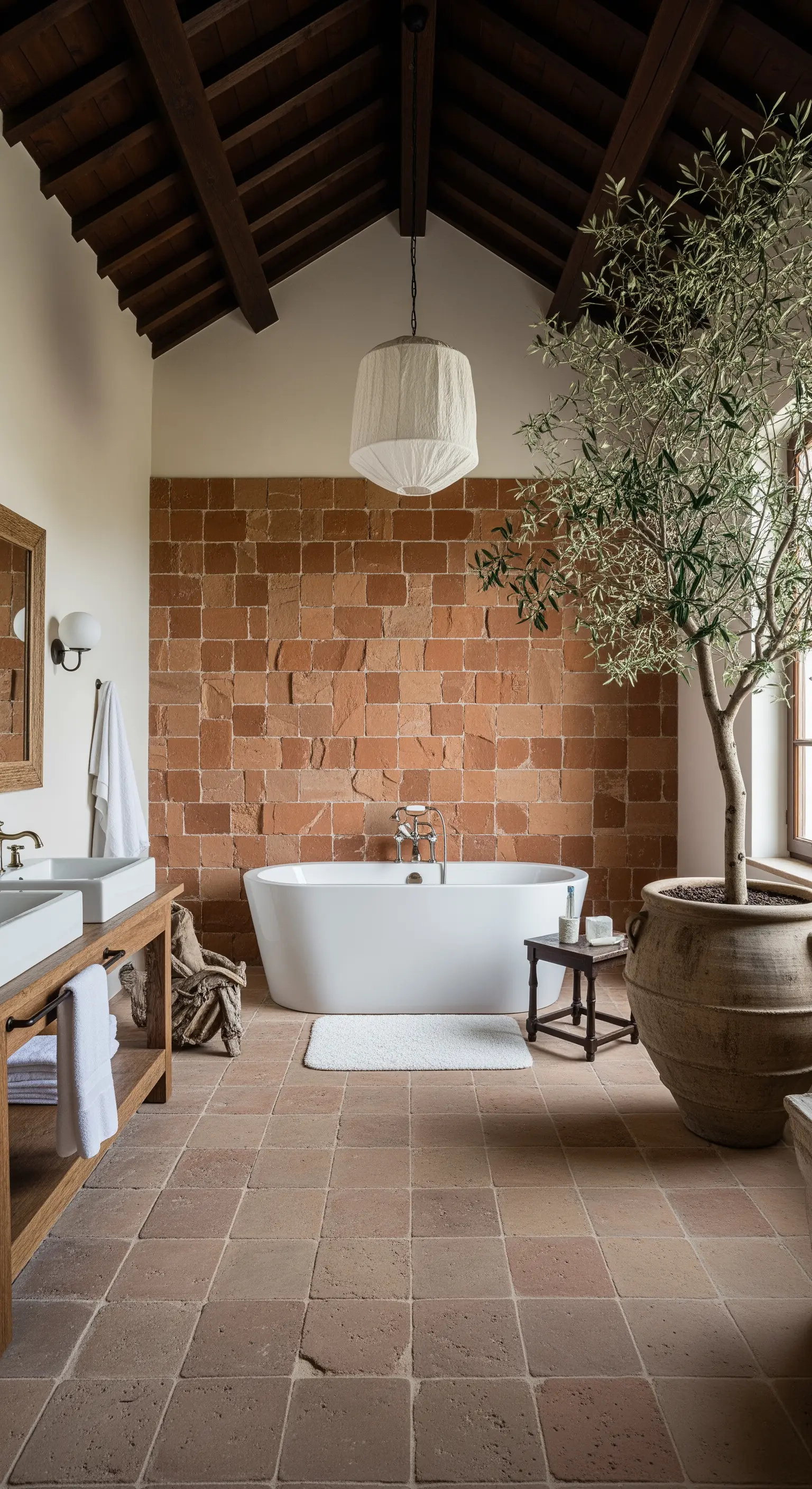 Bagno rustico con parete in mattoni, travi a vista, vasca bianca e un grande ulivo.