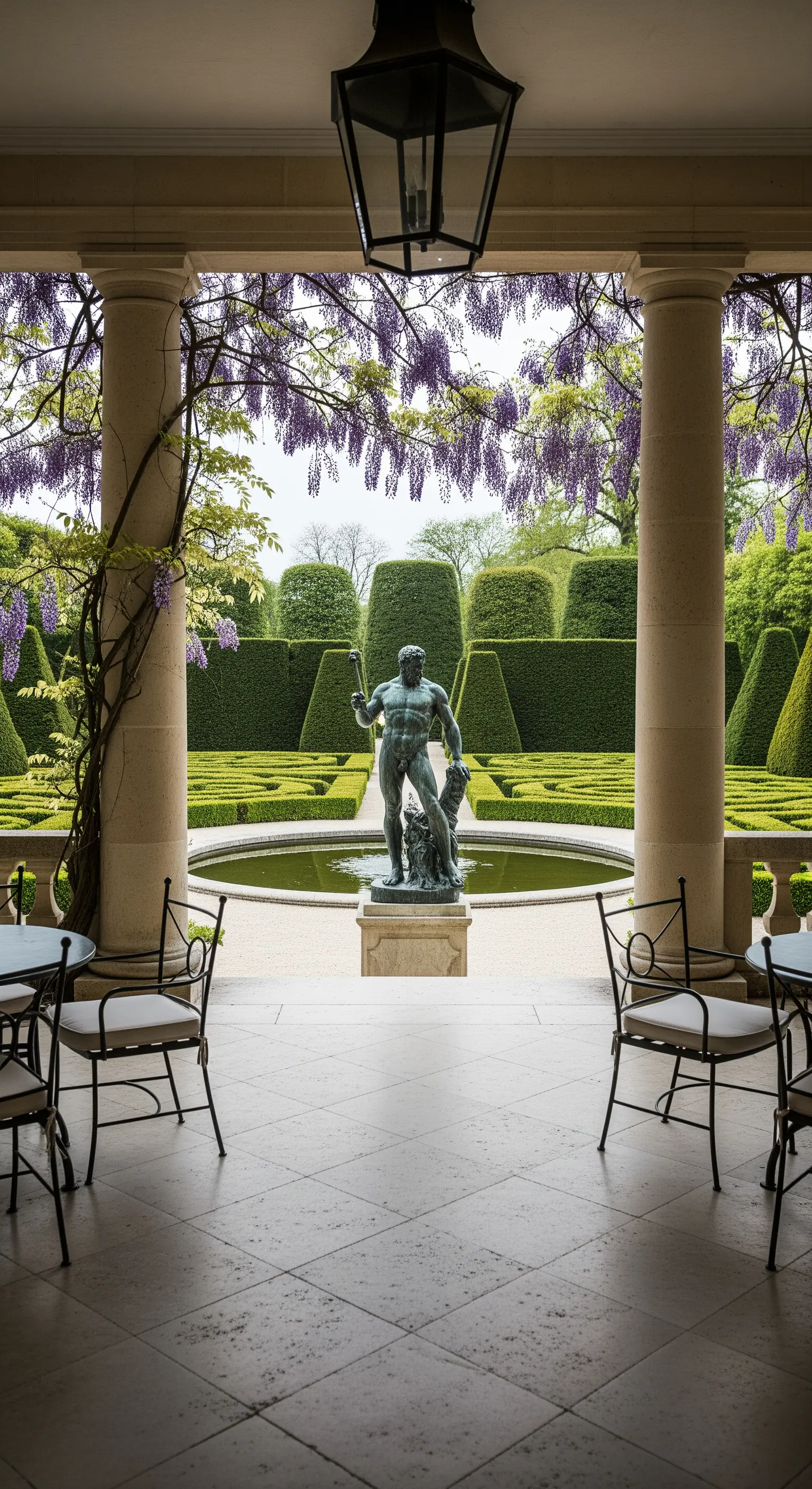 Portico con glicine fiorito e vista su un giardino formale con statua e labirinto di siepi.