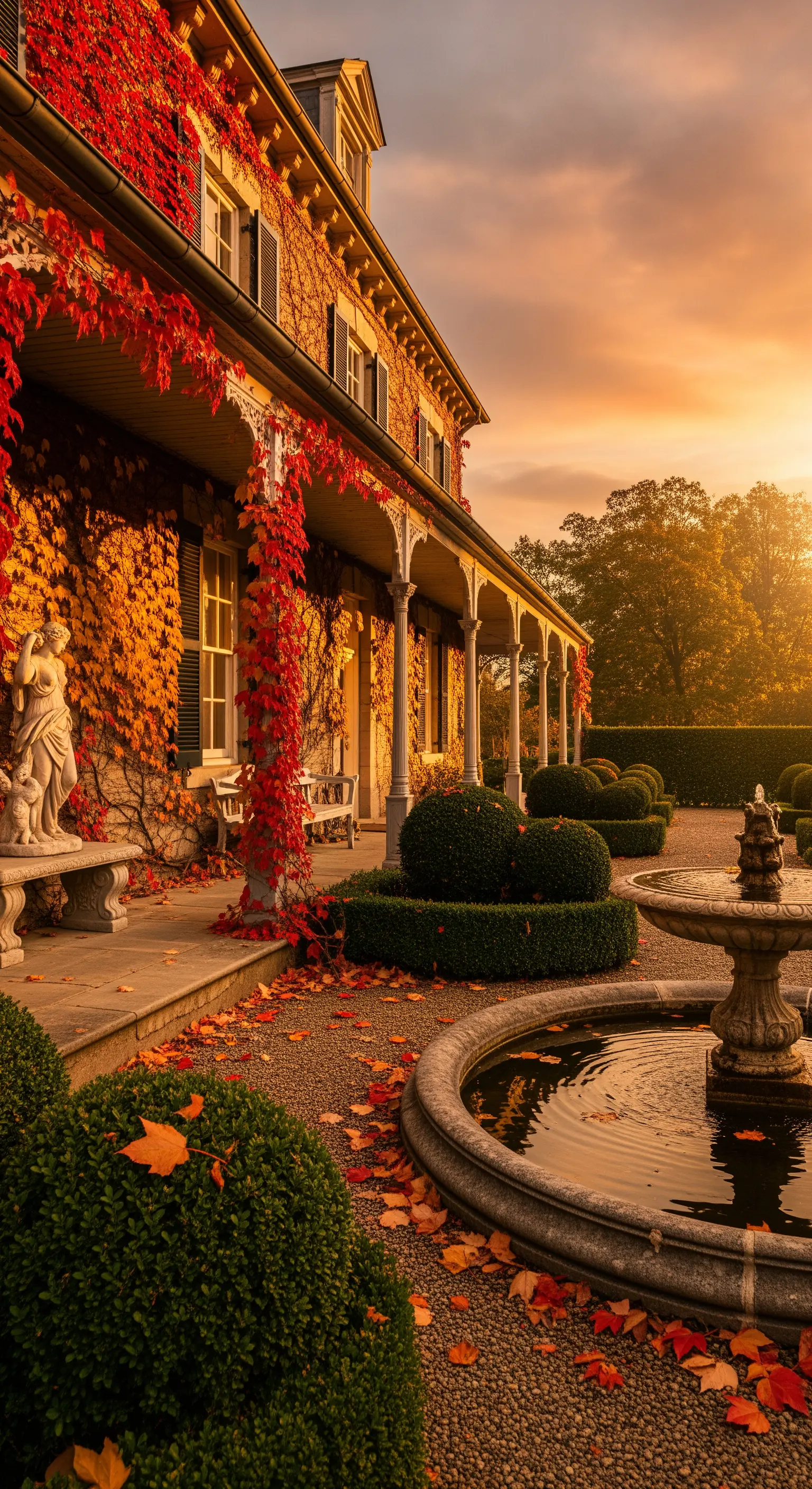 Veranda di una villa in autunno, con edera rampicante dai colori rossi e arancioni.