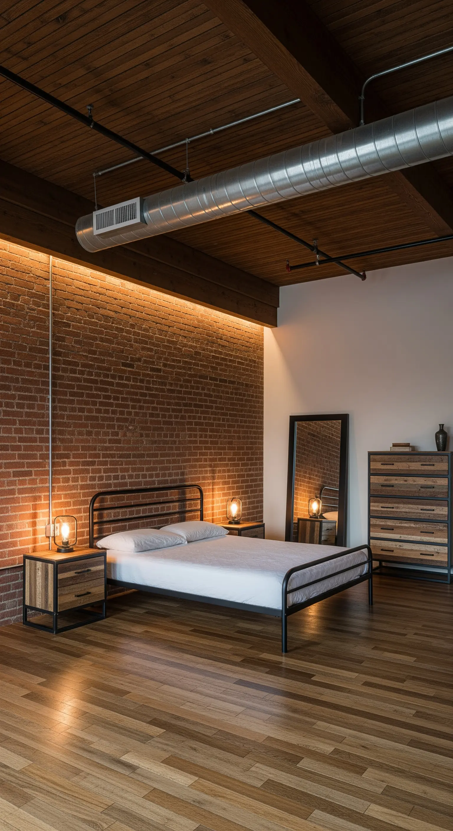Camera da letto in stile industriale con parete in mattoni illuminata da una striscia LED.