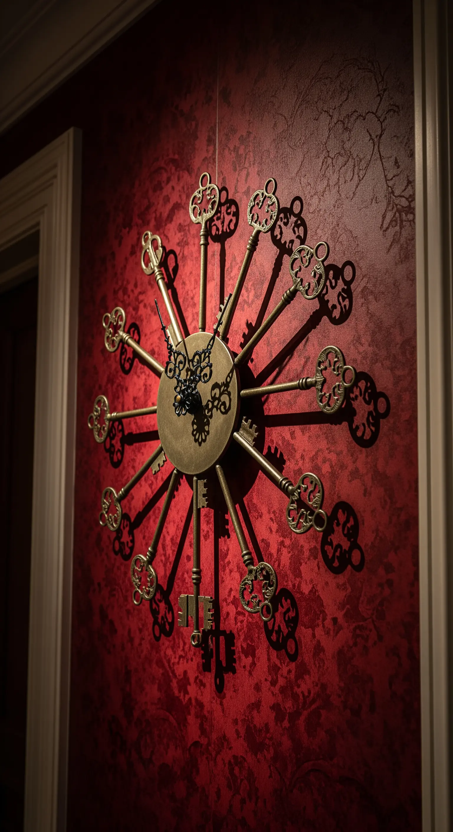 Orologio da parete realizzato con dodici chiavi antiche in ottone disposte a raggiera.
