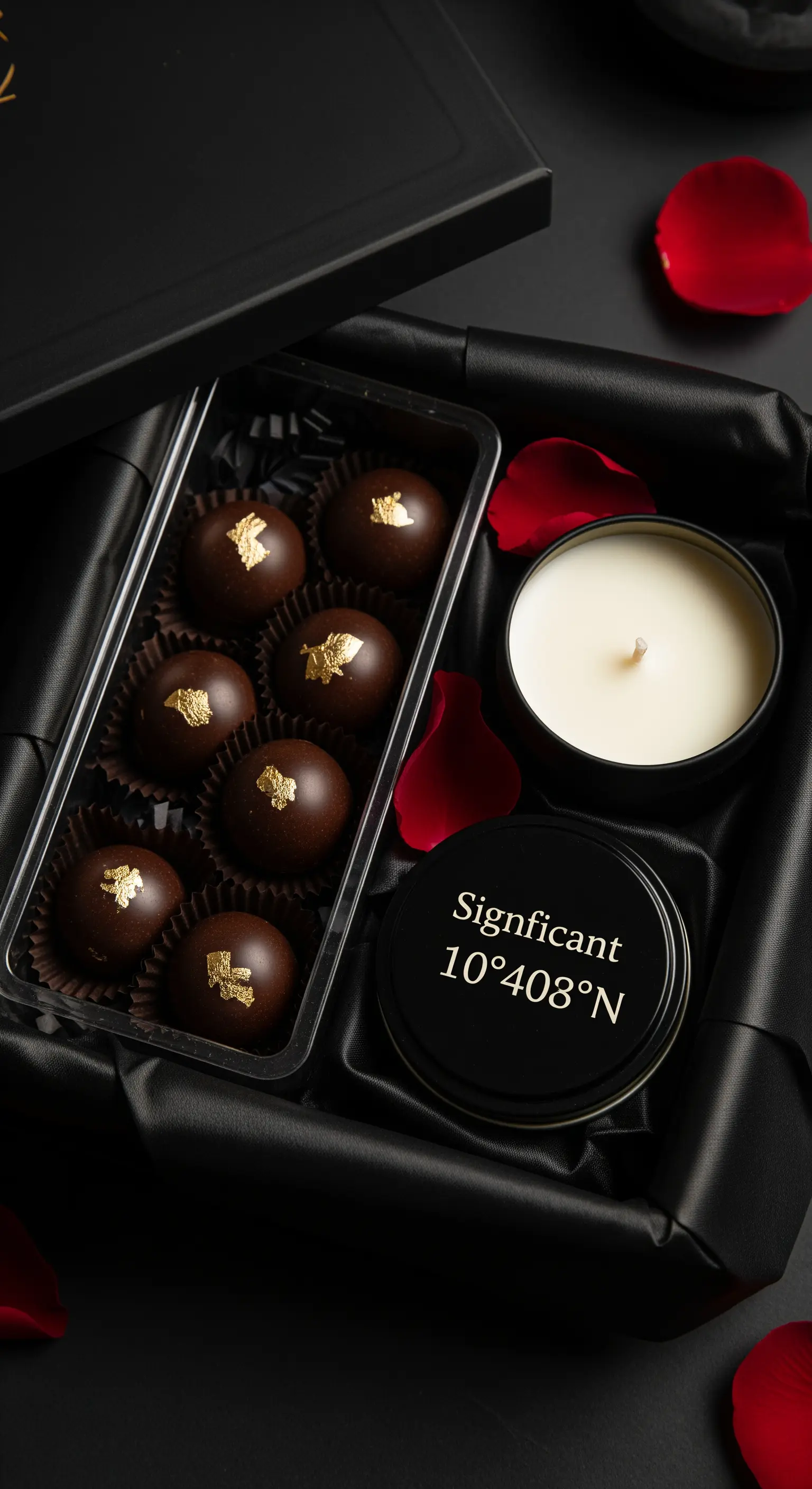 Confezione regalo nera con cioccolatini e candela personalizzata con coordinate geografiche.