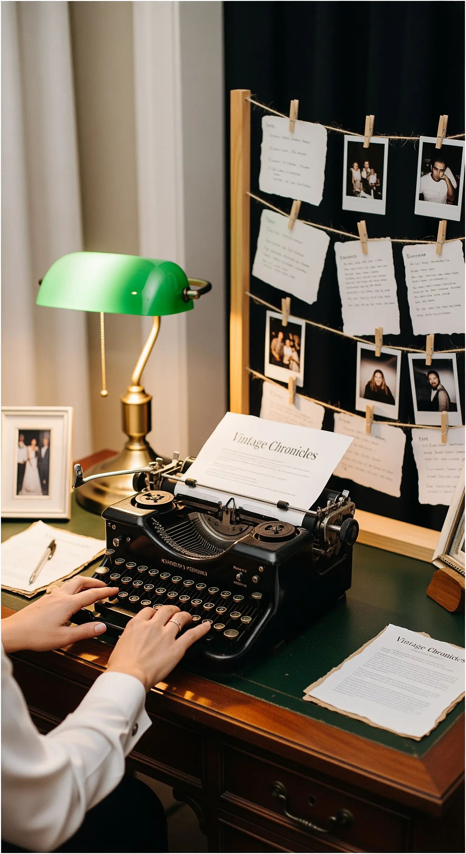 Angolo retrò con macchina da scrivere, lampada verde e una bacheca per polaroid e messaggi.