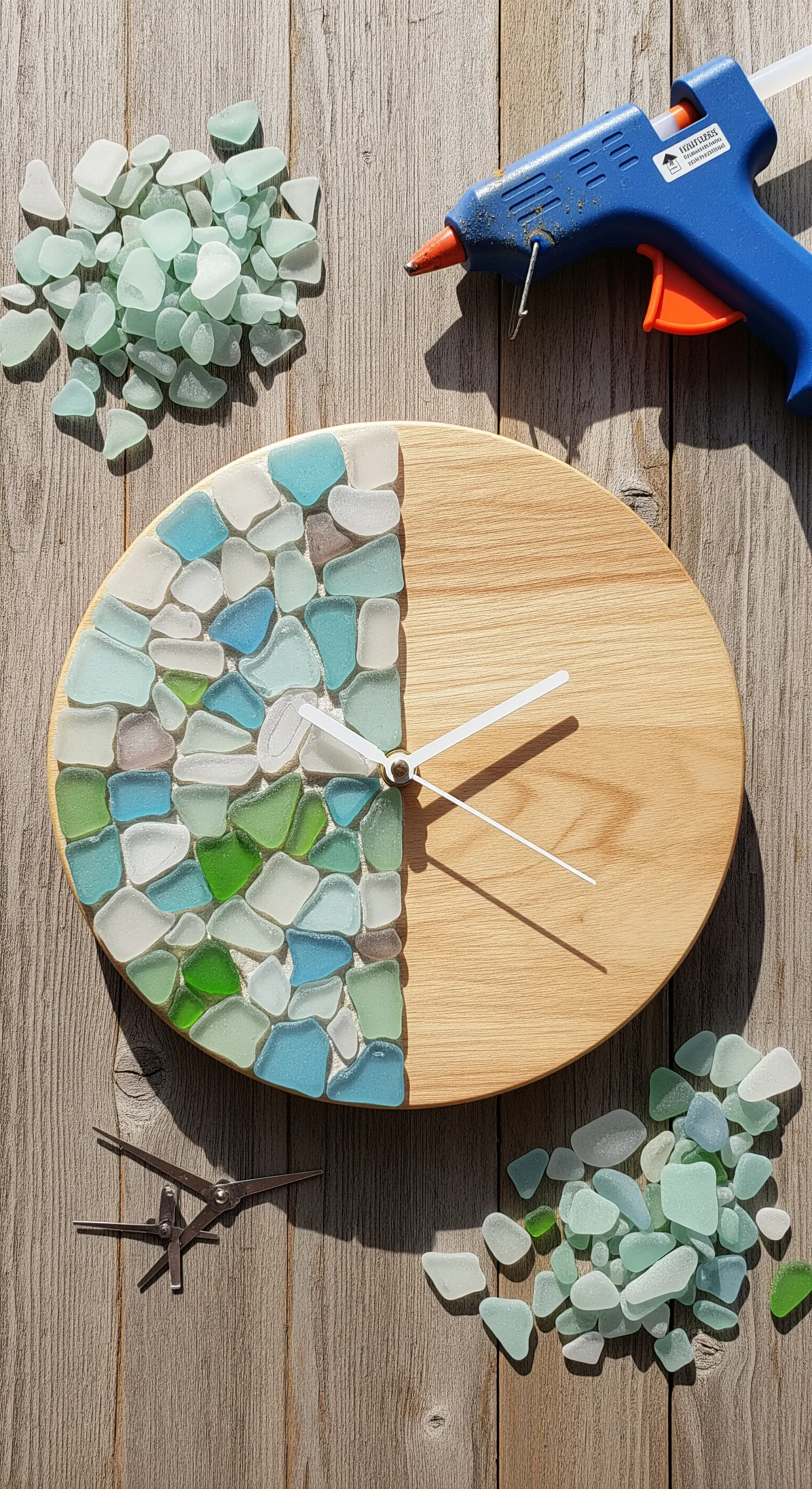 Dettaglio di un orologio in legno decorato con vetri di mare levigati e colorati.