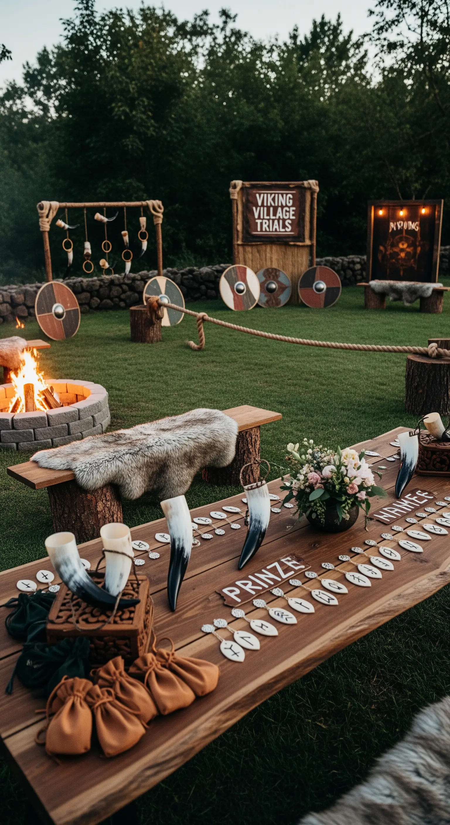 Un allestimento vichingo all'aperto con fuoco, pellicce, scudi e un tavolo con premi a tema.