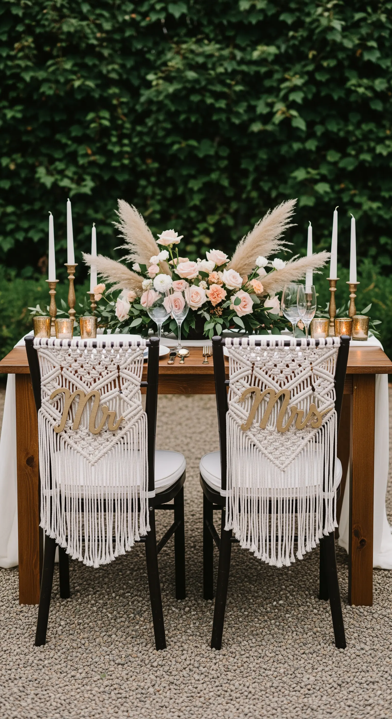 Sedie degli sposi decorate con coperture in macramè e scritte in legno 'Mr' e 'Mrs'.