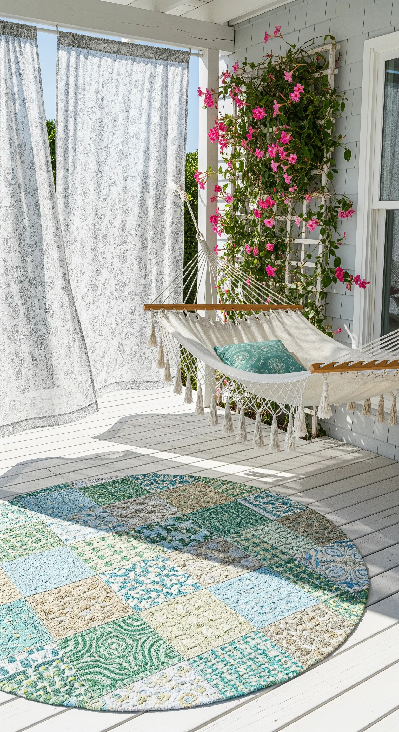 Veranda bianca con amaca in cotone, tappeto rotondo patchwork e tende leggere e trasparenti.
