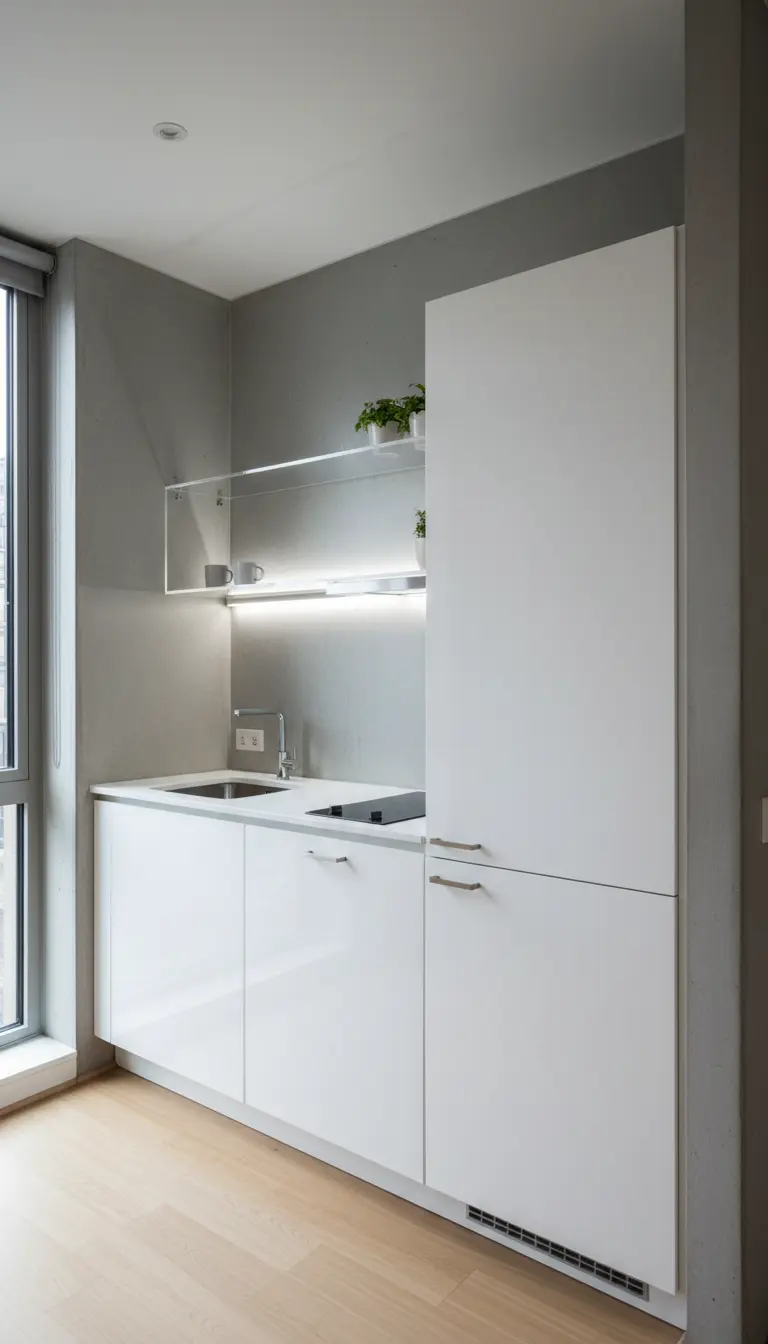 Cucinotto compatto con pensile in acrilico trasparente e illuminazione LED integrata.