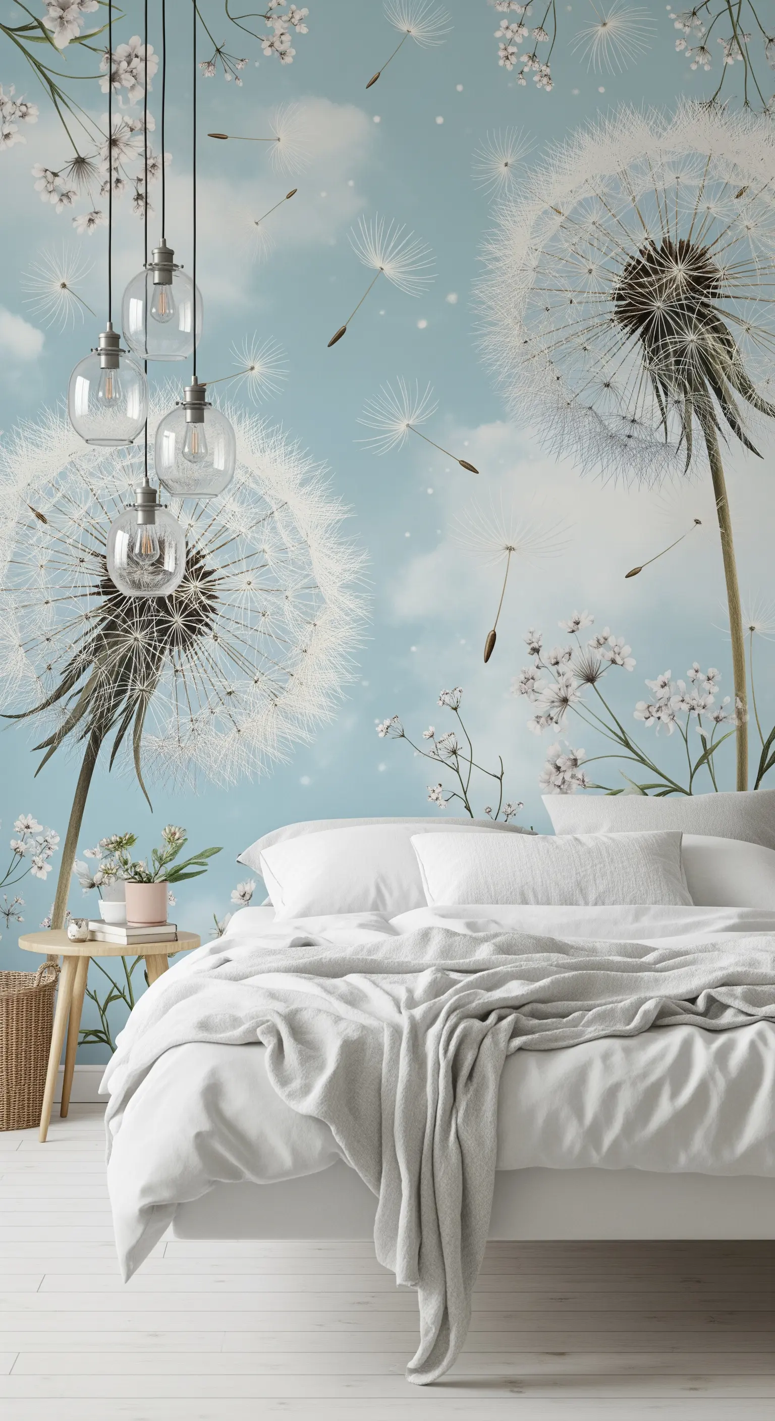 Carta da parati con soffioni giganti su un cielo azzurro in una camera da letto eterea.