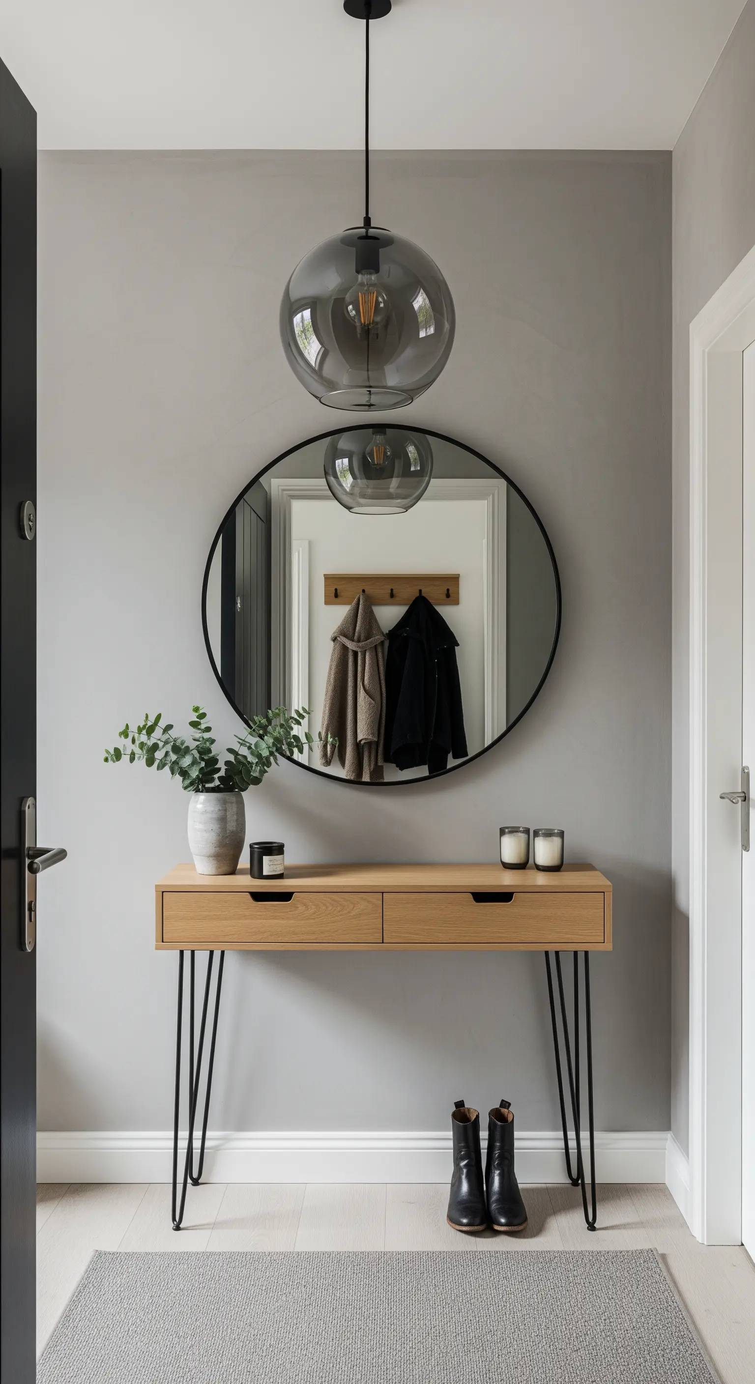 Consolle in legno con gambe a forcina, specchio ovale e lampada a sospensione in vetro fumé.