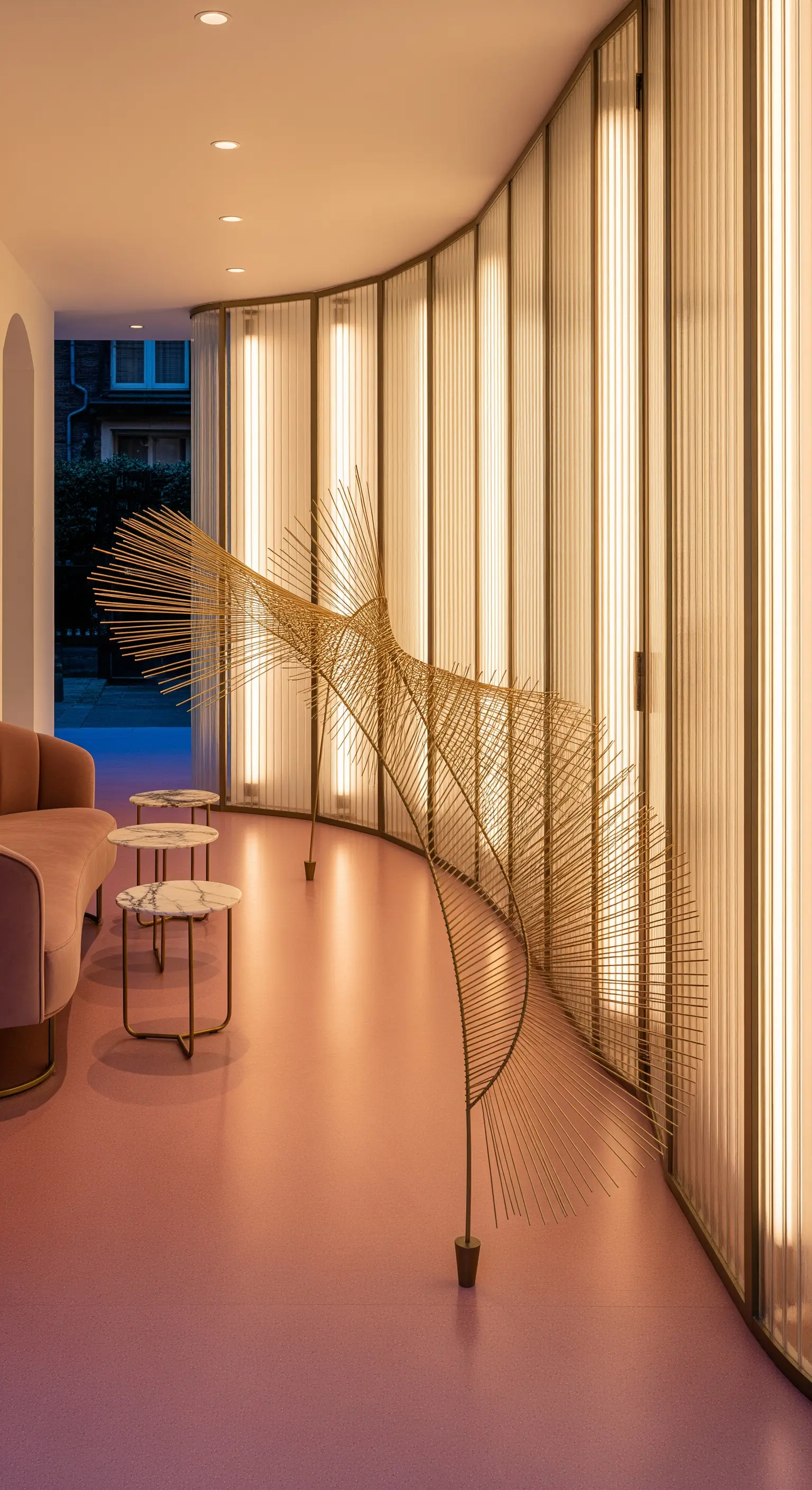 Interno con parete curva in vetro cannettato, pavimento rosa e scultura cinetica dorata.