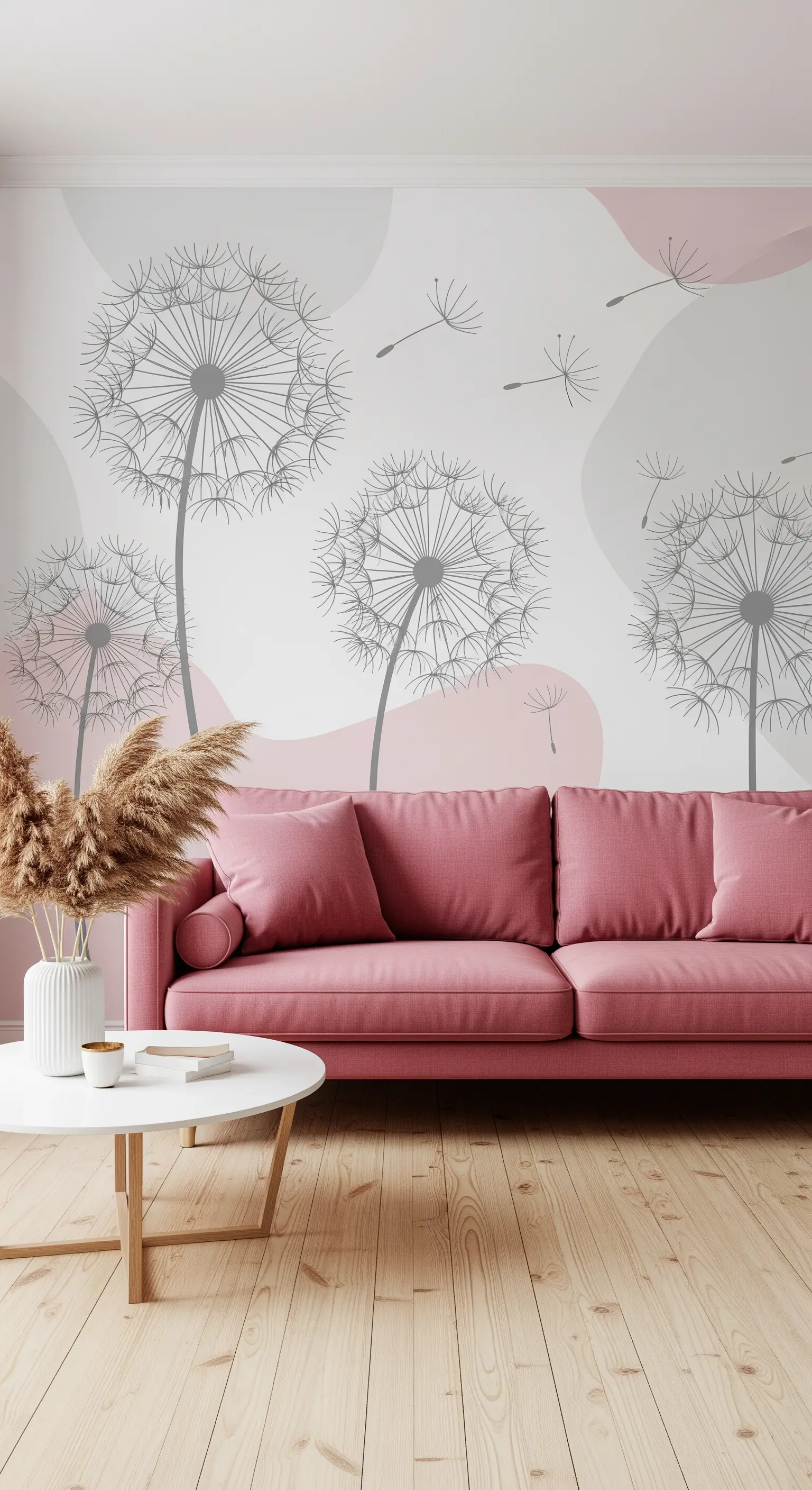 Salotto minimalista e delicato con carta da parati a soffioni e un divano rosa polvere.
