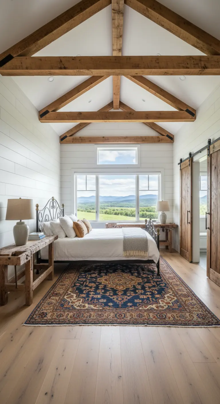 Camera farmhouse con travi a vista, pareti bianche e tappeto persiano blu e rosso.