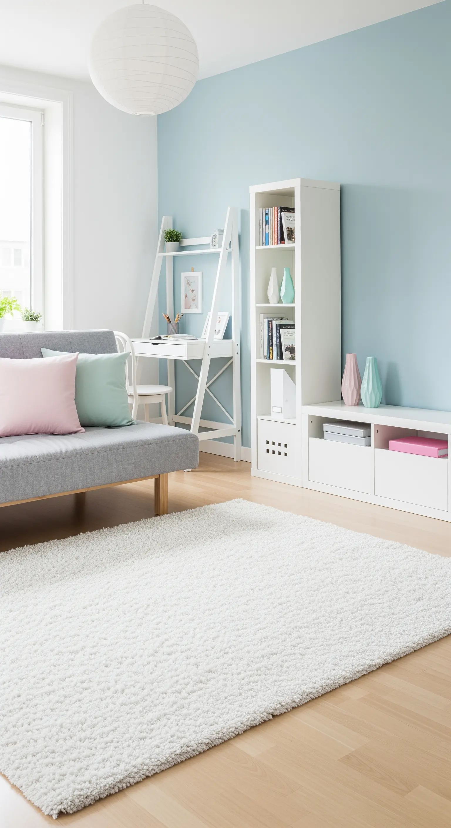 Salotto scandinavo con parete azzurra, divano grigio e mobili bianchi.