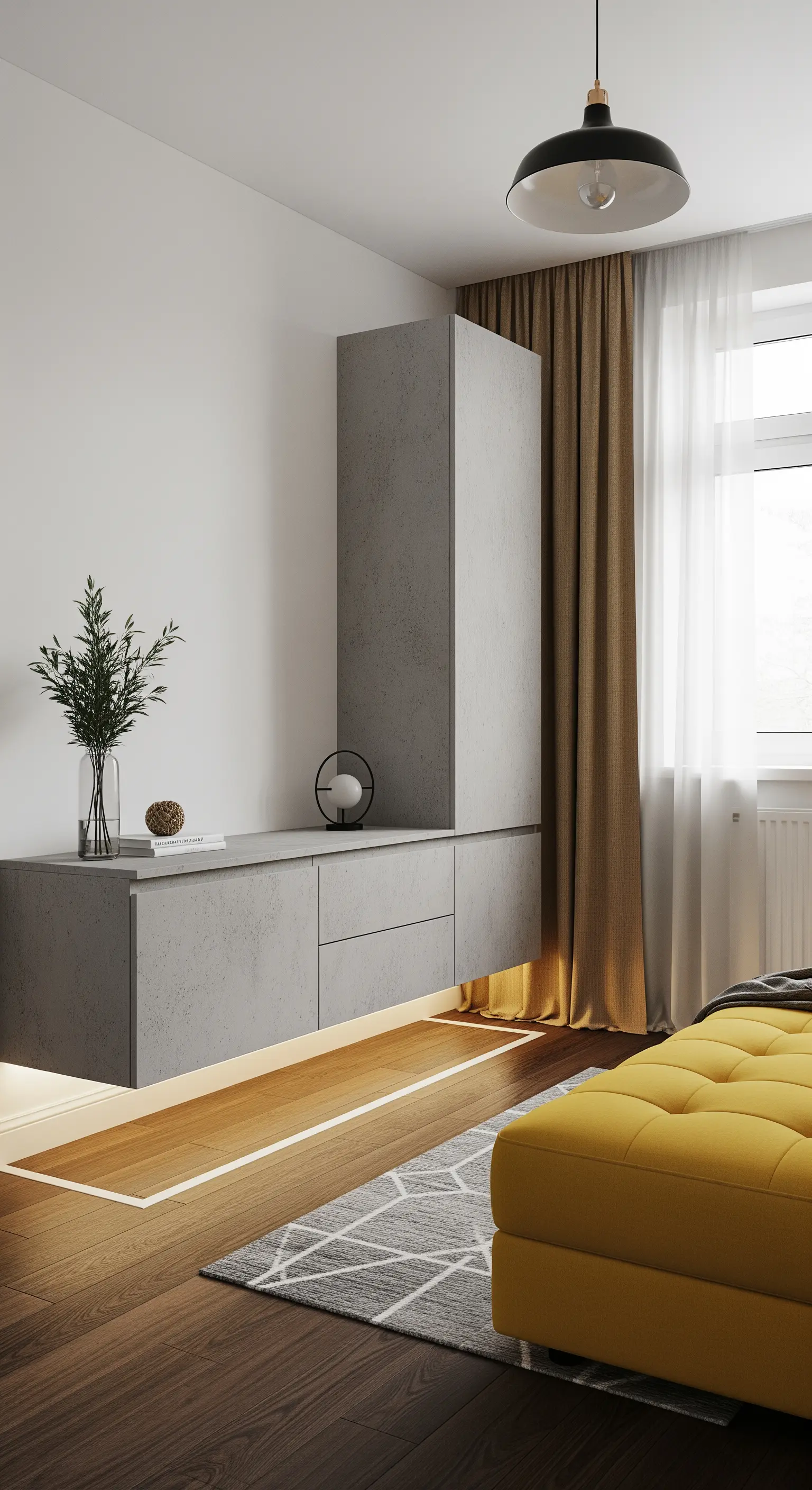 Mobile TV sospeso effetto cemento con una striscia LED calda che illumina il pavimento.