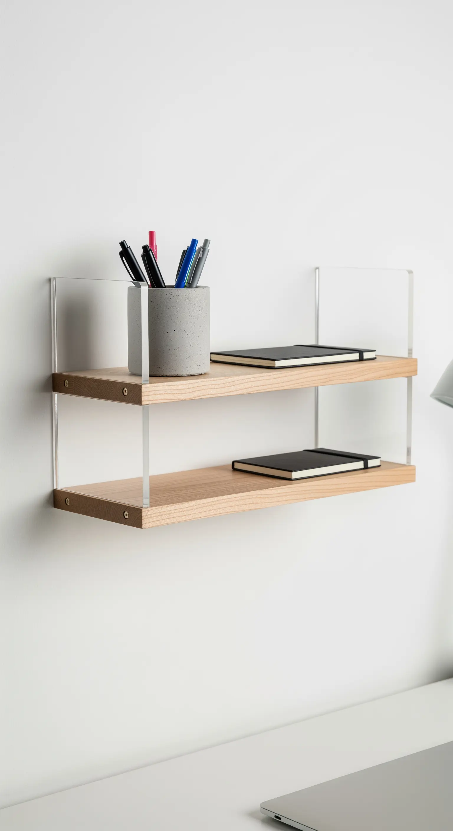 Mensola a due ripiani in legno chiaro con supporti laterali in acrilico trasparente.