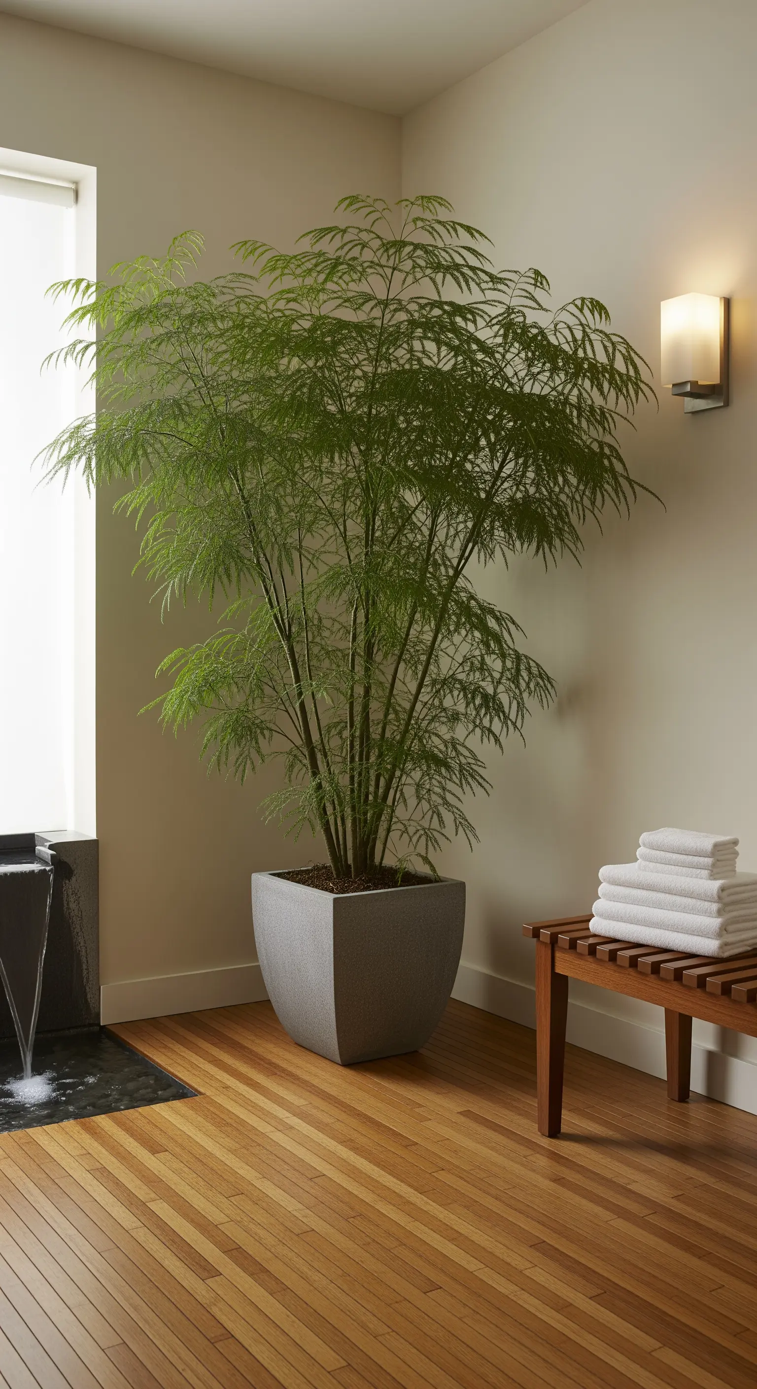 Ming Aralia dalle foglie delicate in un vaso grigio, in un angolo sereno con una panca in legno.