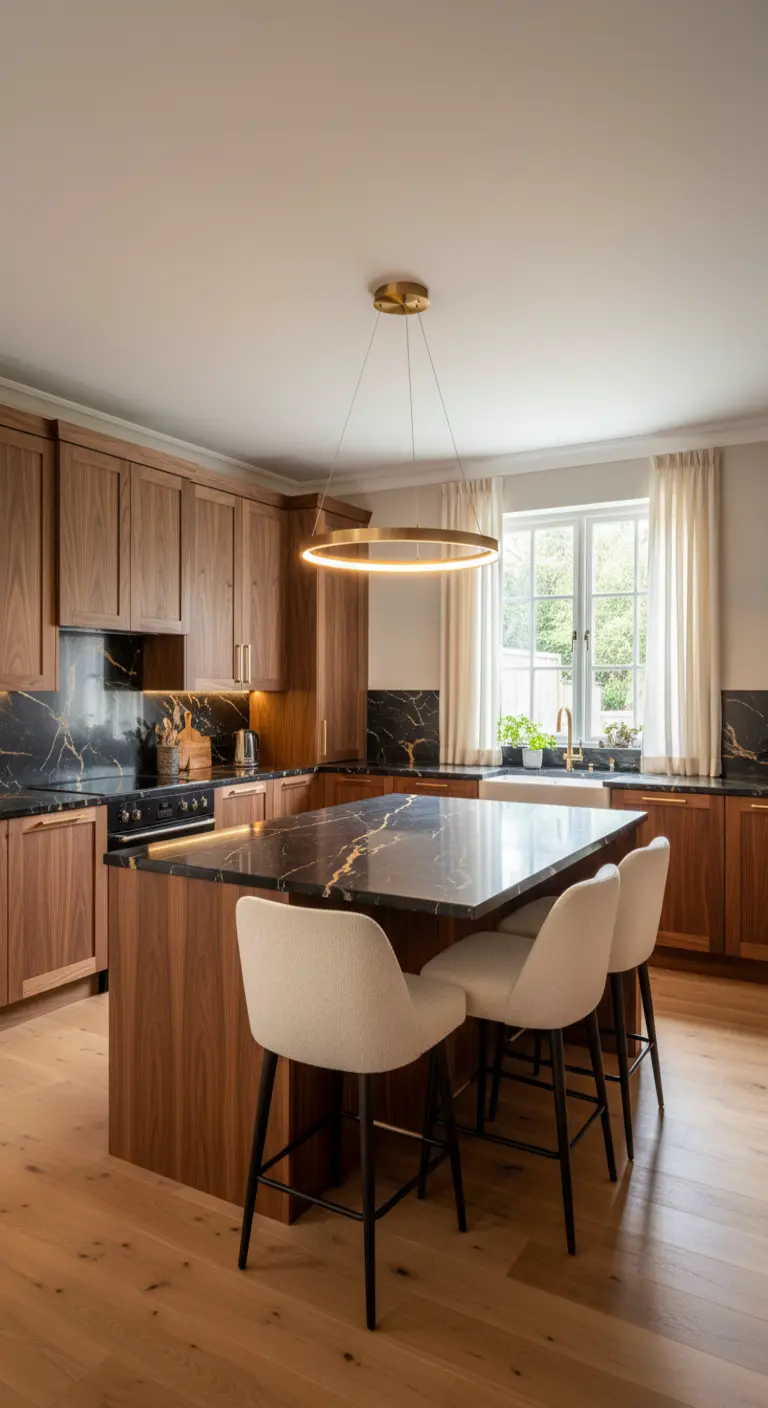 Cucina con mobili in noce, isola in marmo nero e lampadario circolare dorato.