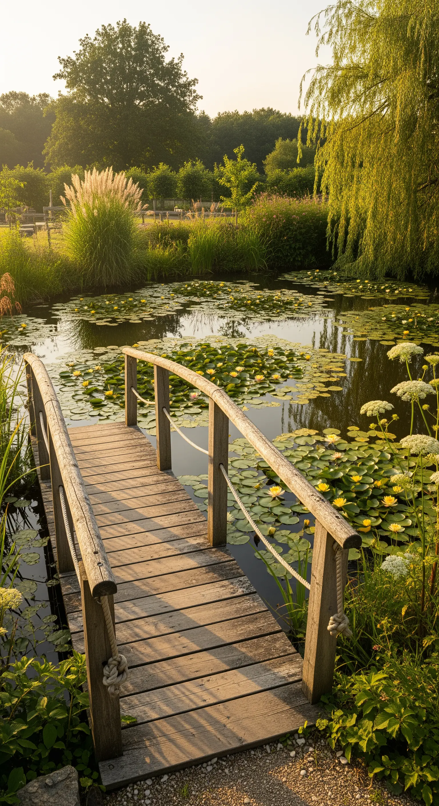 Ponticello in legno grezzo con corrimano in corda affacciato su un laghetto al tramonto