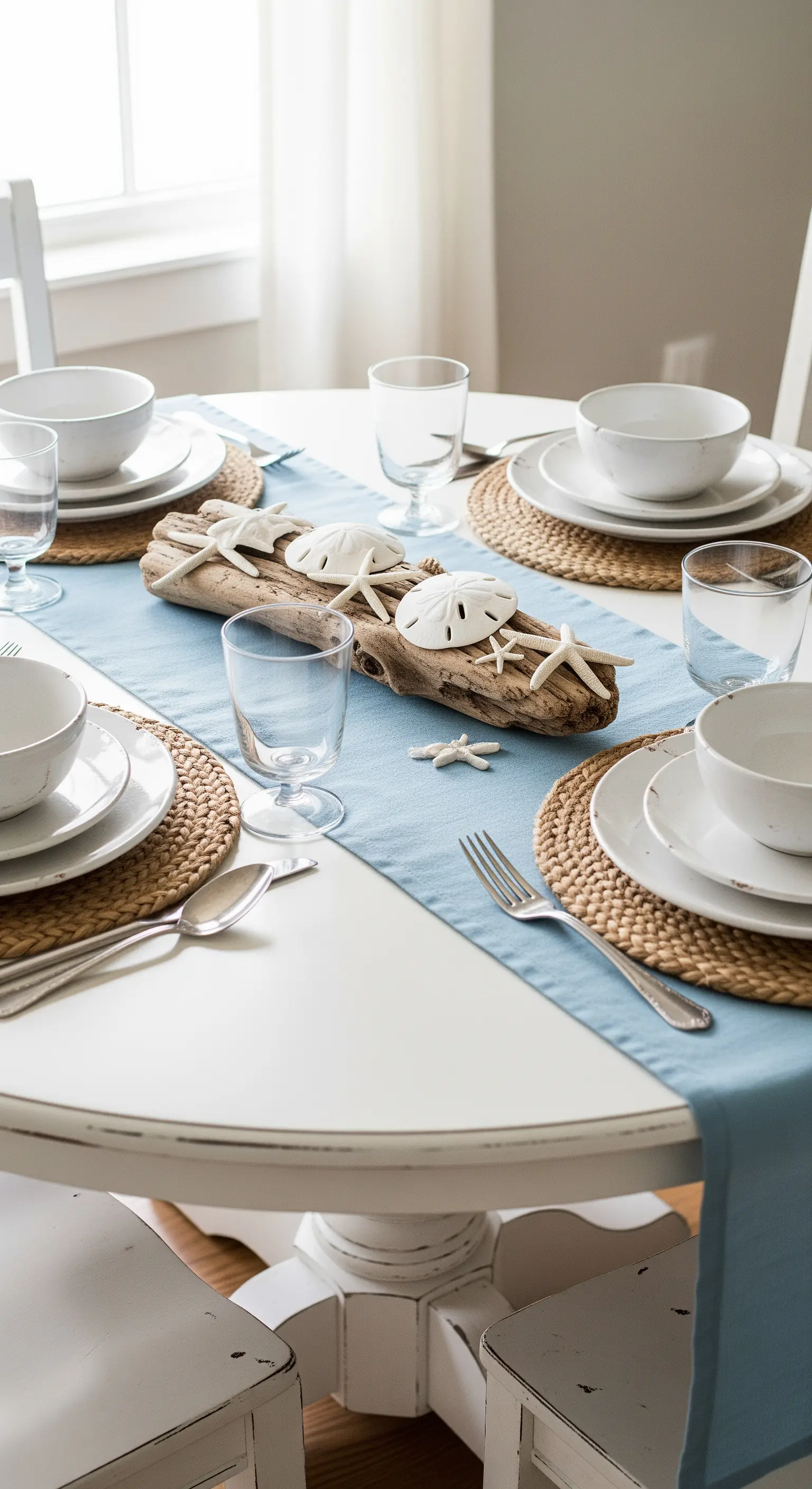 Tavola in stile coastal con runner azzurro, legno levigato e stelle marine.