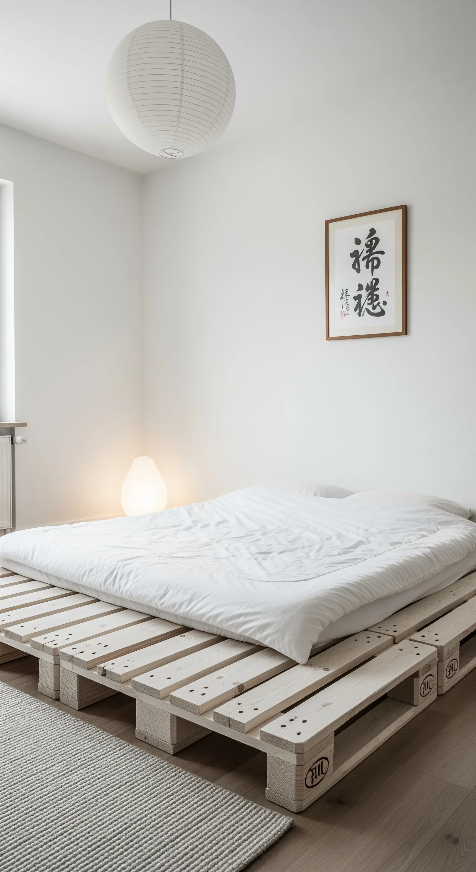 Letto basso in pallet di legno chiaro in stile giapponese, con materasso bianco.