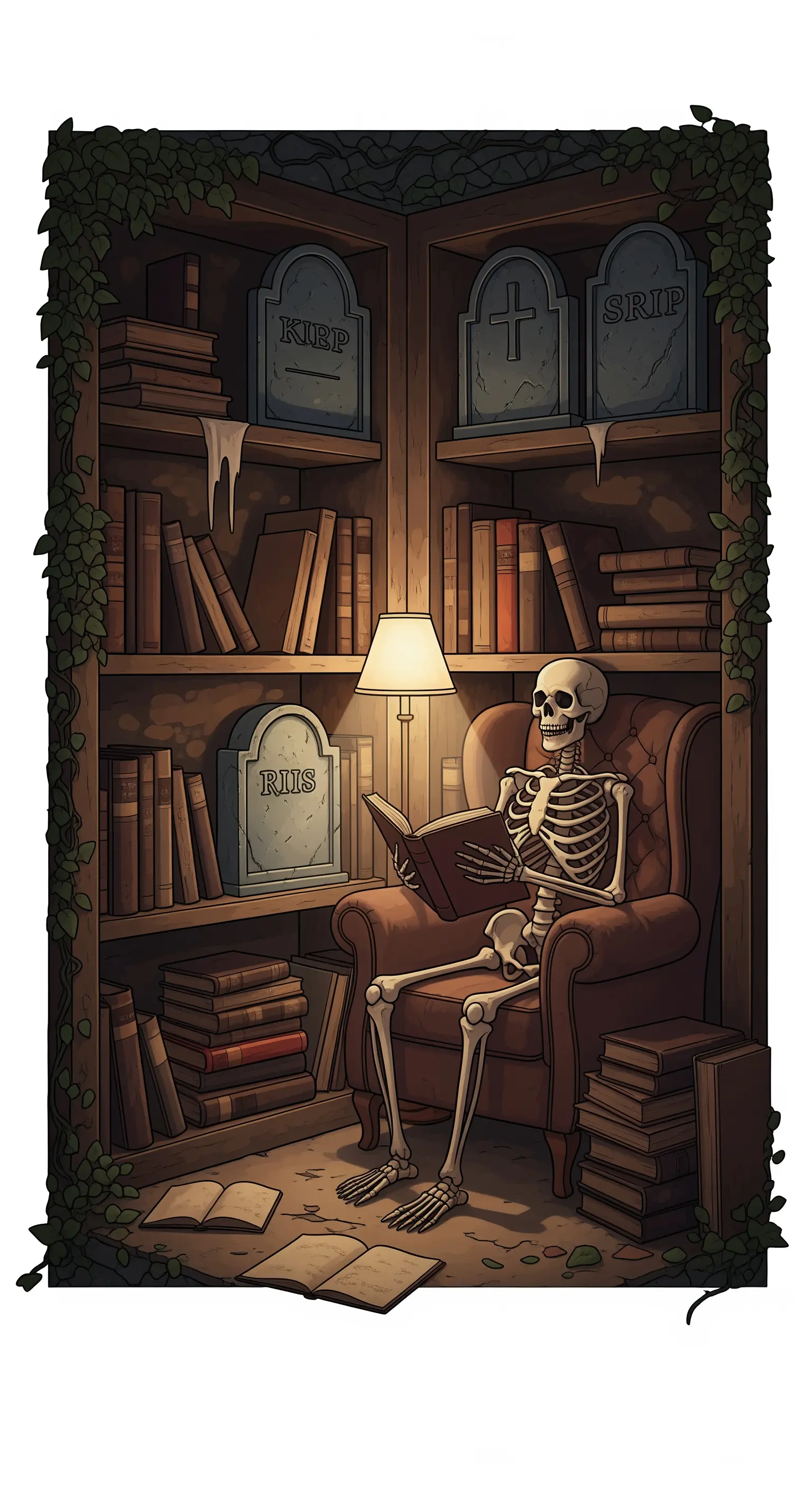 Uno scheletro legge un libro in una poltrona, in una libreria con lapidi tra i volumi.
